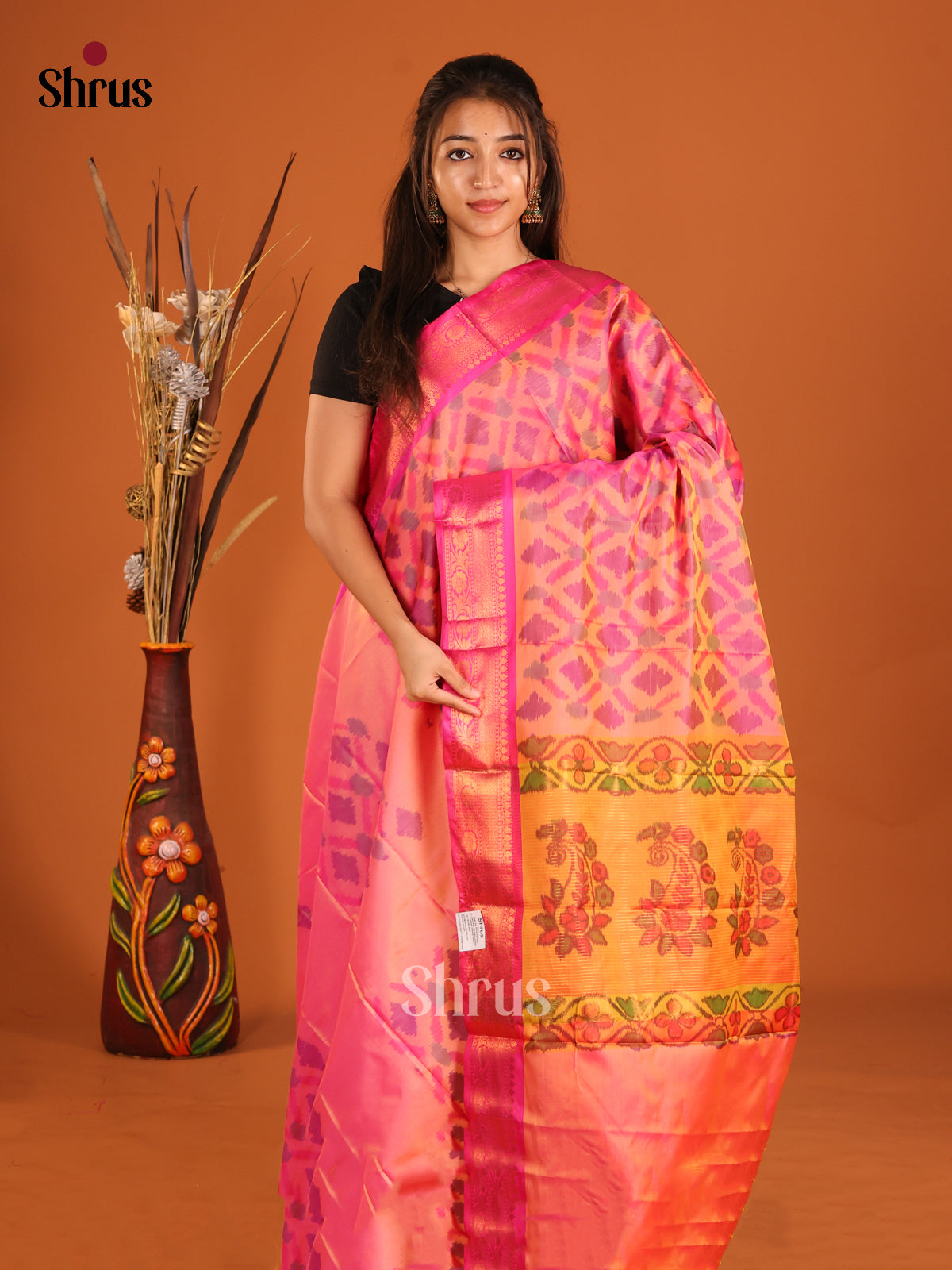 Pink & Orange - Semi Pochampally Saree - Shop on Shrus.com