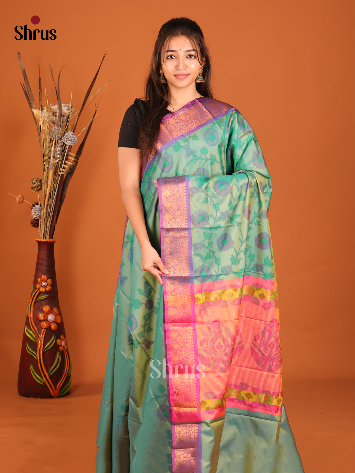 Green & Purple - Semi Pochampally Saree - Shop on Shrus.com