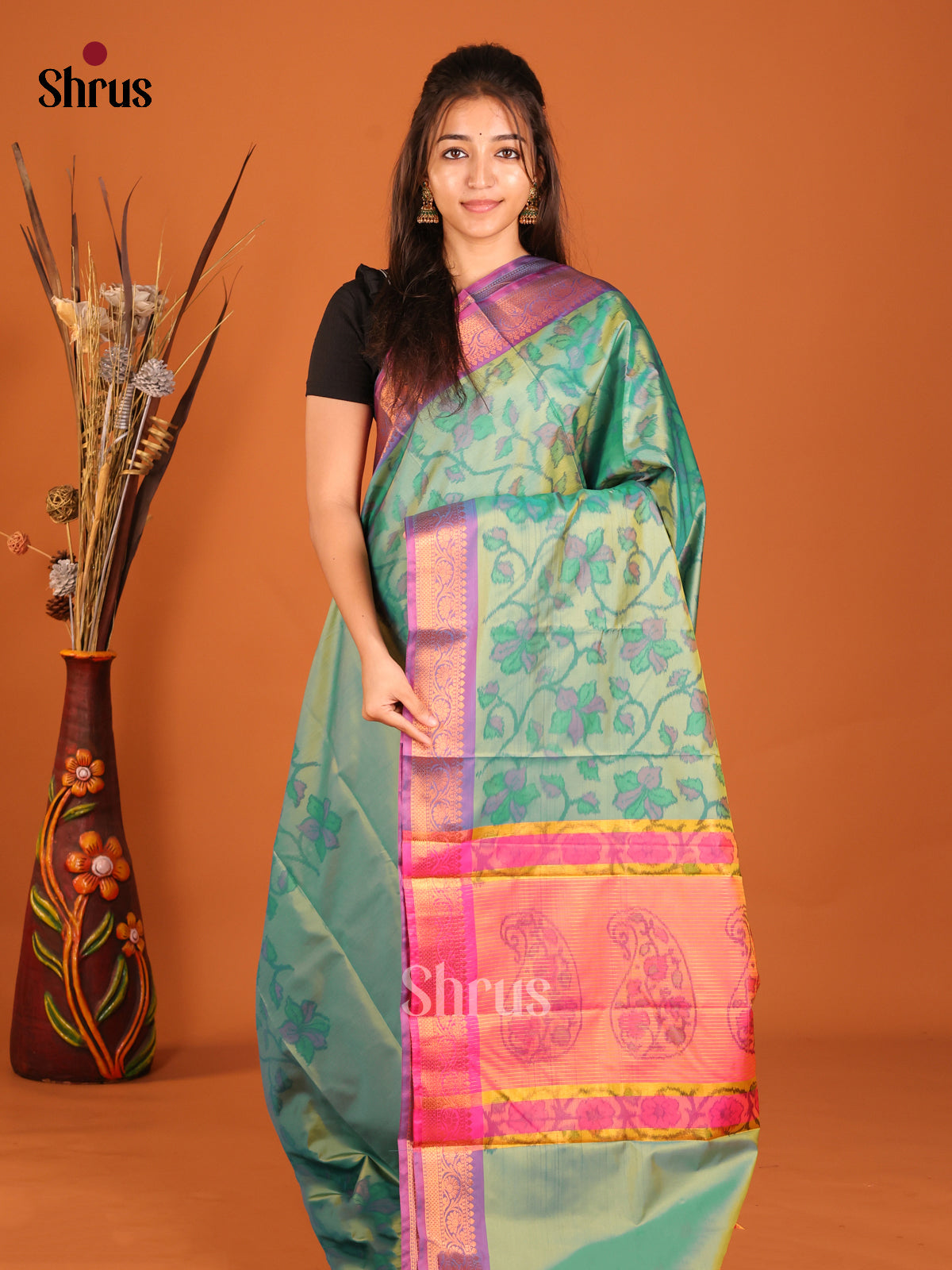Green  & Purple - Semi Pochampally Saree - Shop on Shrus.com
