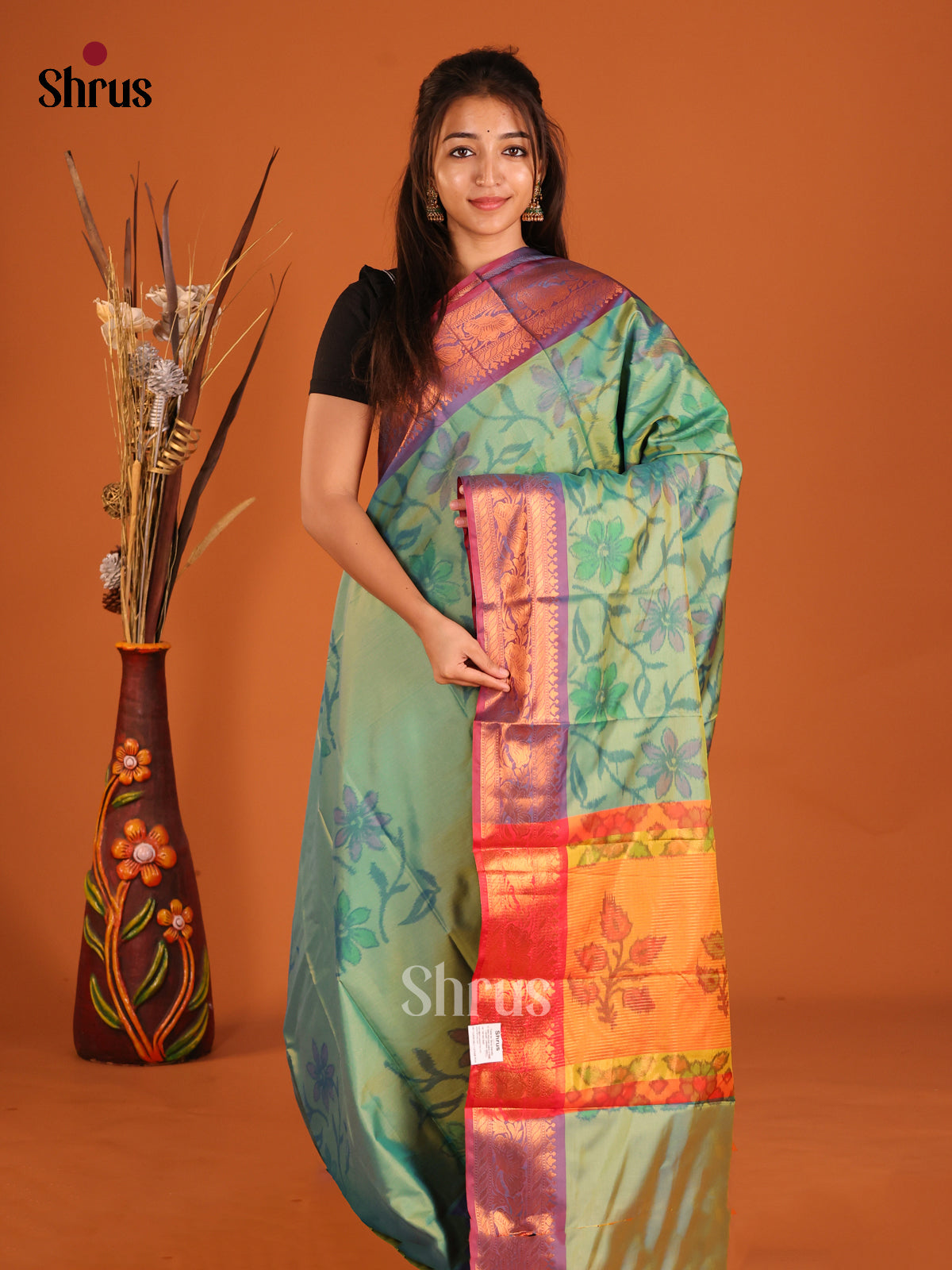Green & Purple- Semi Pochampally Saree - Shop on Shrus.com