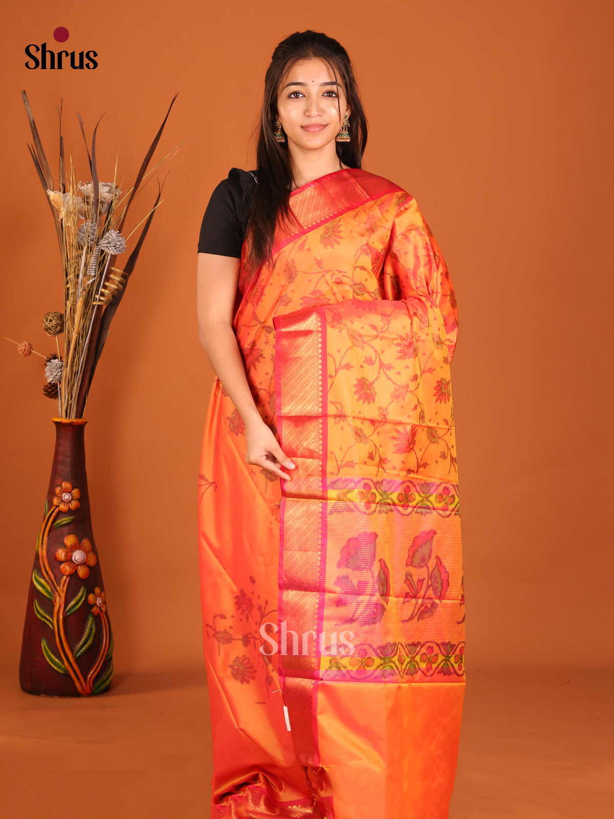 Orange & Pink - Semi Pochampally Saree - Shop on Shrus.com