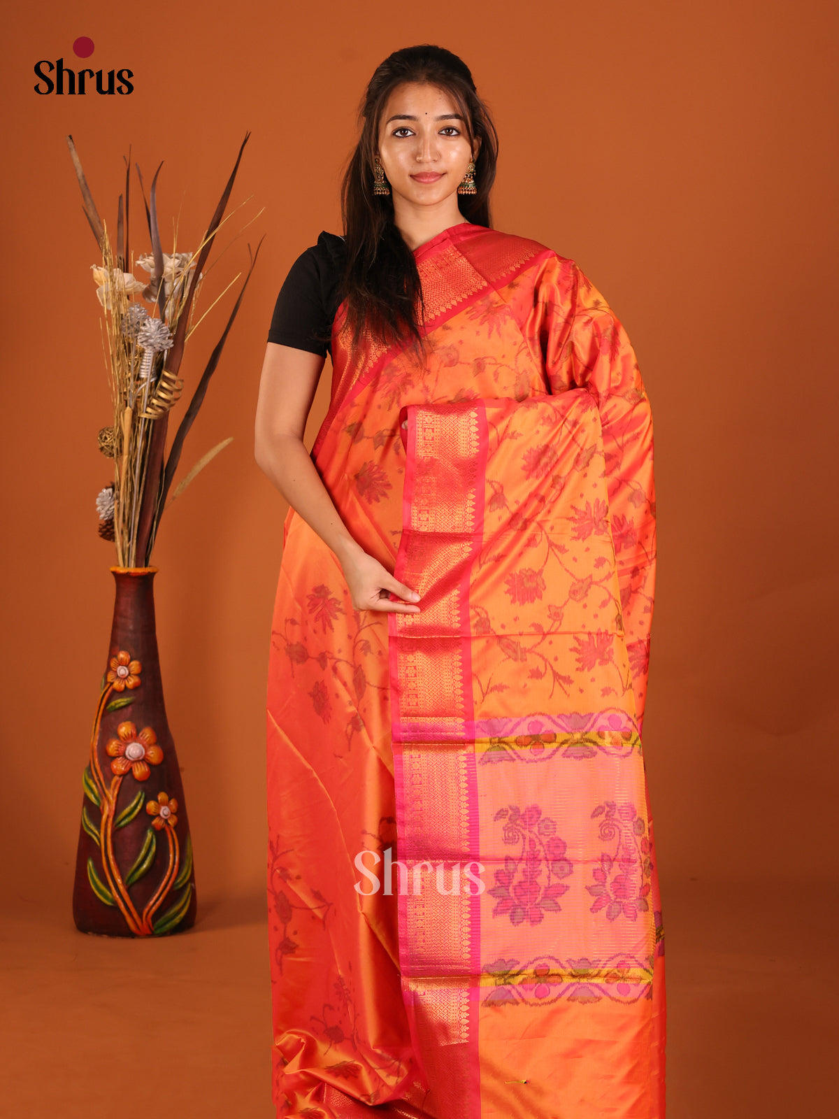 Orange & Pink- Semi Pochampally Saree - Shop on Shrus.com