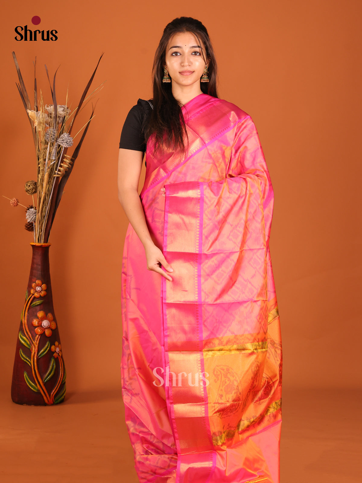 Pink & Orange - Semi Pochampally Saree - Shop on Shrus.com
