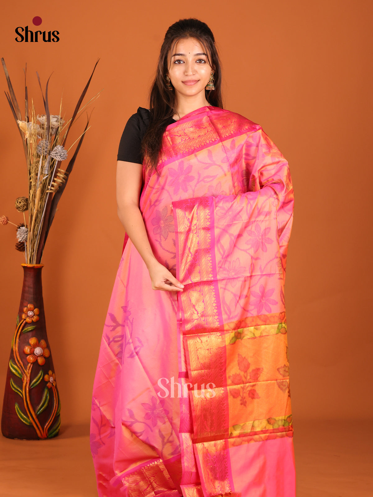 Pink & Orange - Semi Pochampally Saree - Shop on Shrus.com