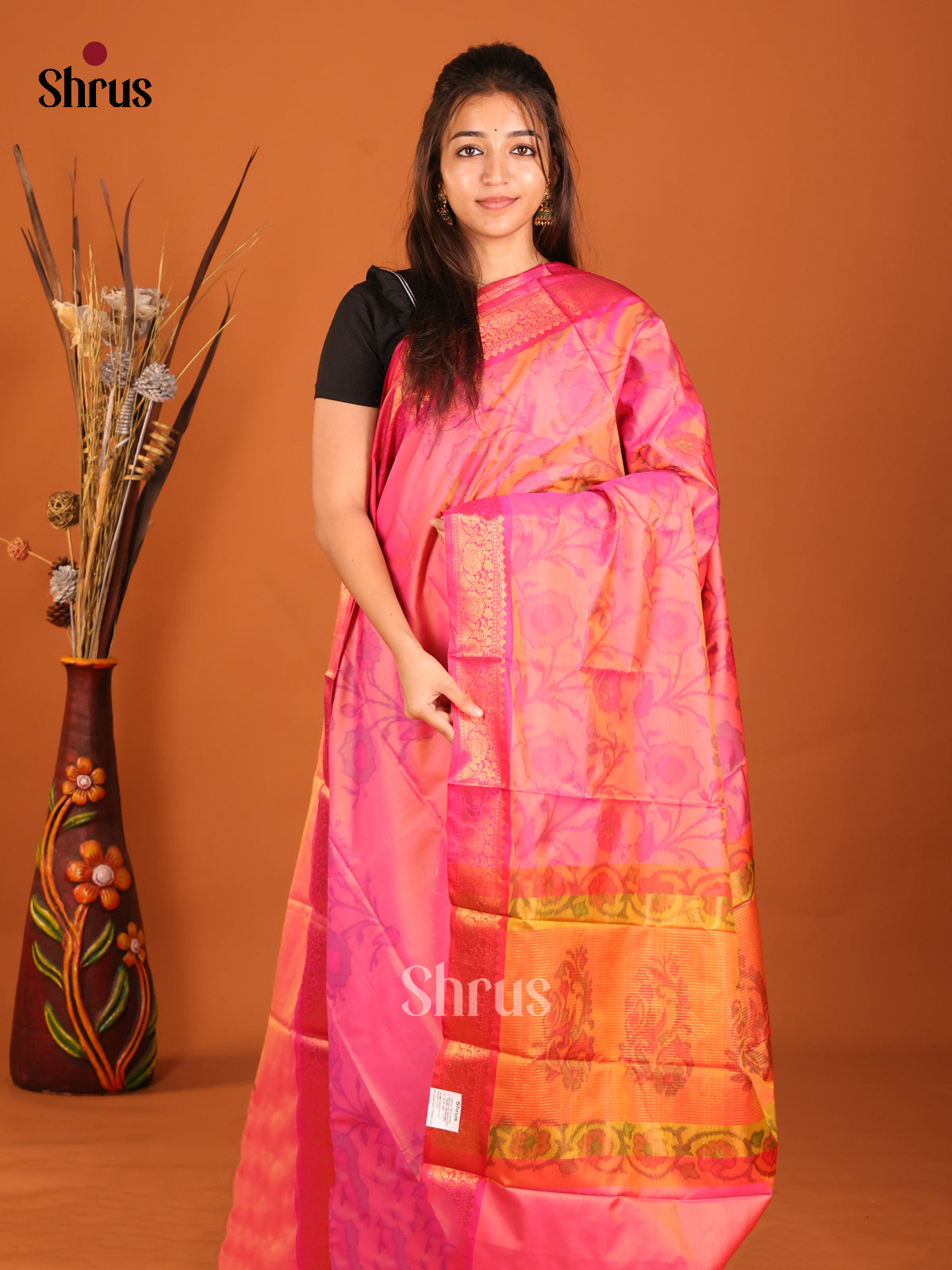 Pink & Orange - Semi Pochampally Saree - Shop on Shrus.com