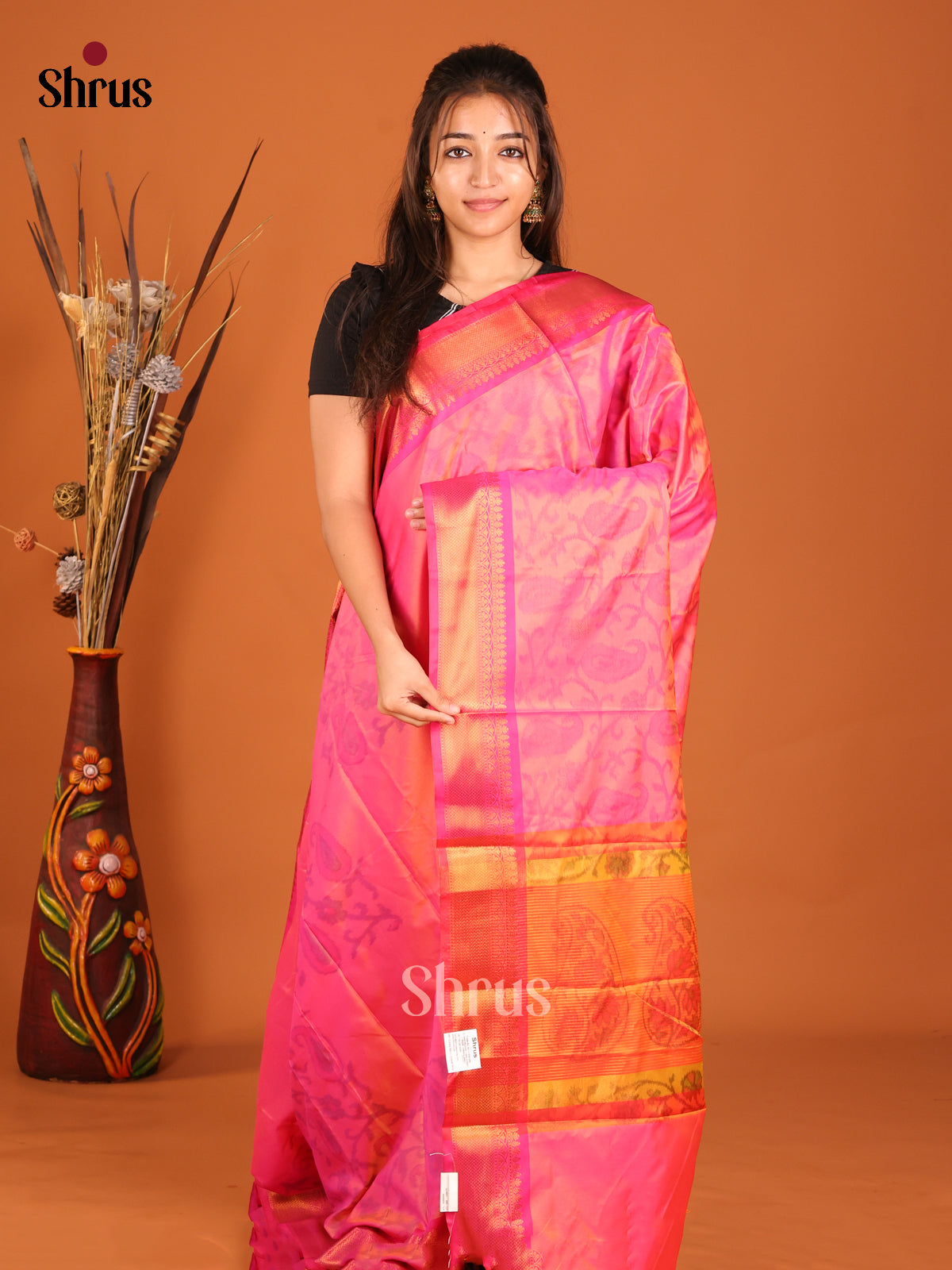 Pink & Orange - Semi Pochampally Saree - Shop on Shrus.com