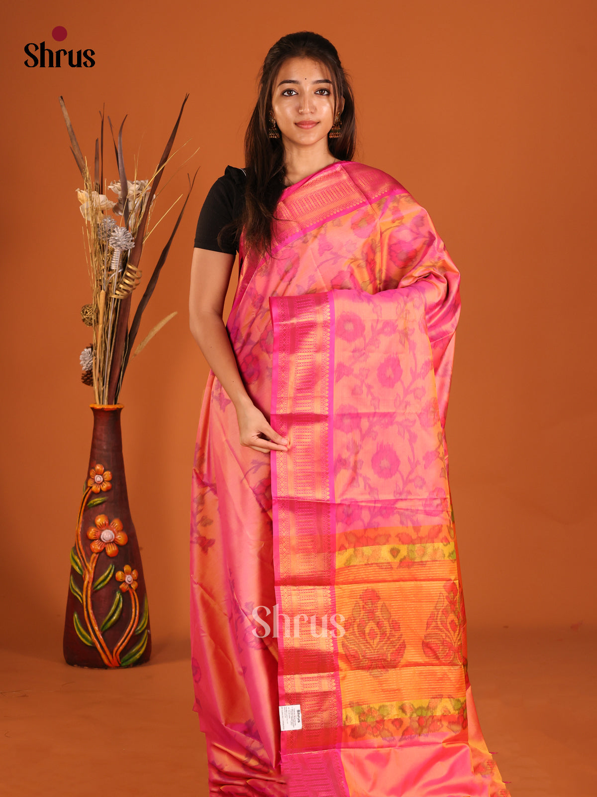 Orangish Pink & Pink- Semi Pochampally Saree - Shop on Shrus.com