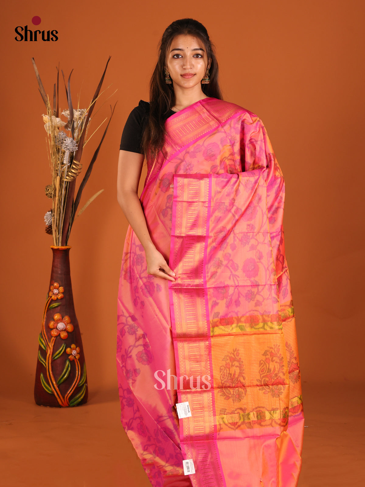 Orangish Pink & Orange - Semi Pochampally Saree - Shop on Shrus.com