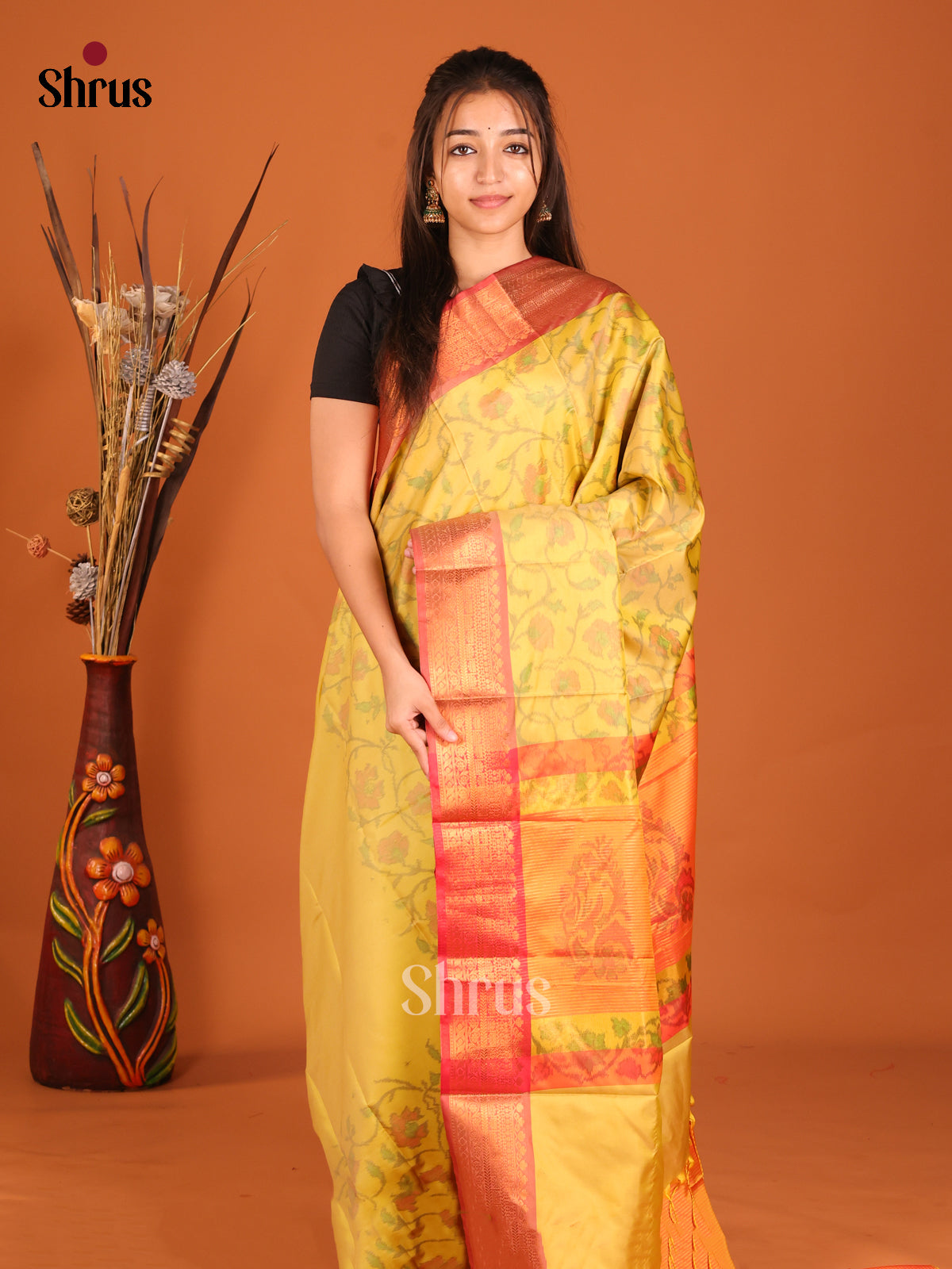 Yellow & Red - Semi Pochampally Saree - Shop on Shrus.com