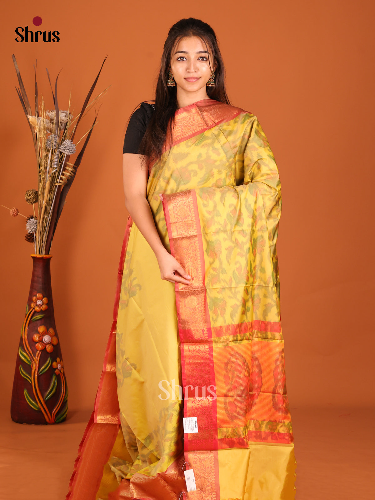 Yellow &  Red- Semi Pochampally Saree - Shop on Shrus.com
