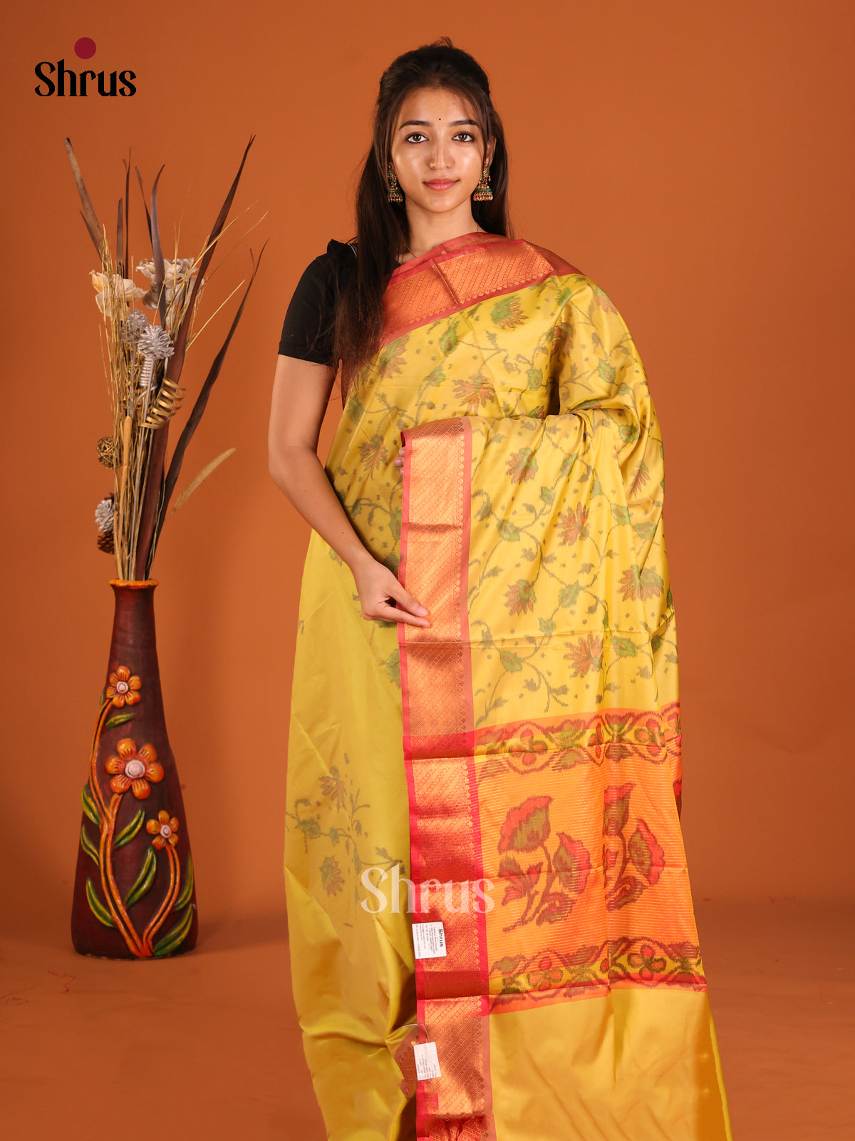 Yellow & Red - Semi Pochampally Saree - Shop on Shrus.com