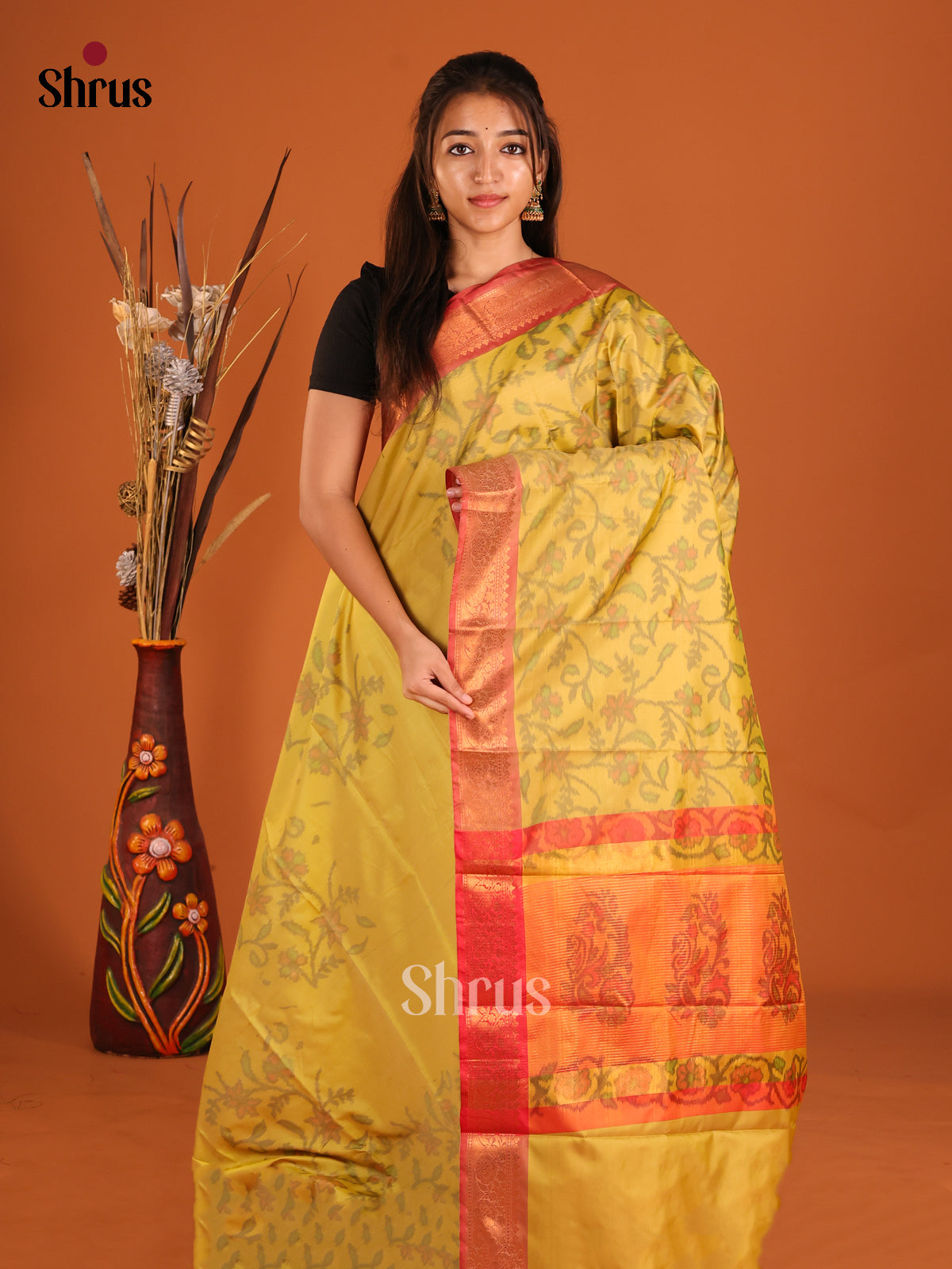 Yellow & Red- Semi Pochampally Saree - Shop on Shrus.com