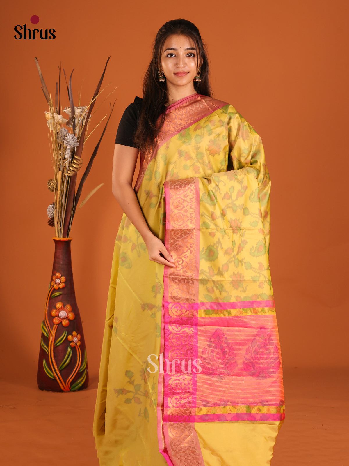 Yellow & Pink - Semi Pochampally Saree - Shop on Shrus.com