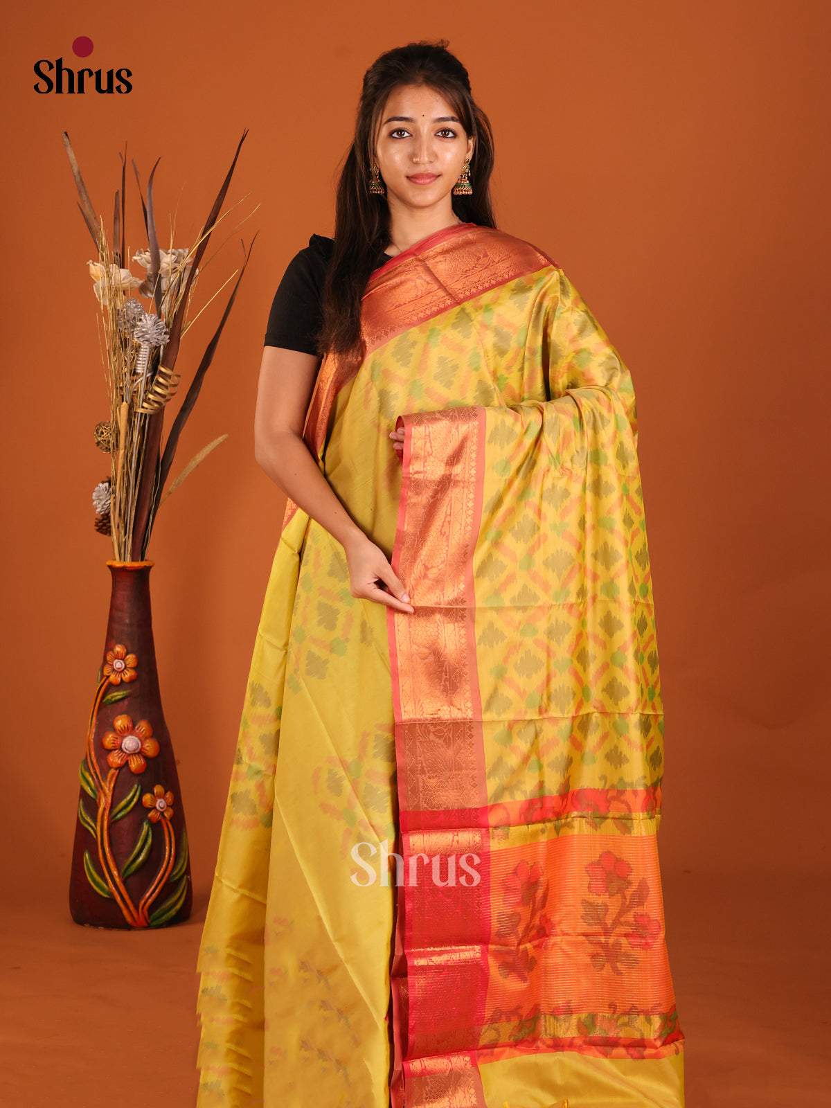 Yellow & Red - Semi Pochampally Saree - Shop on Shrus.com