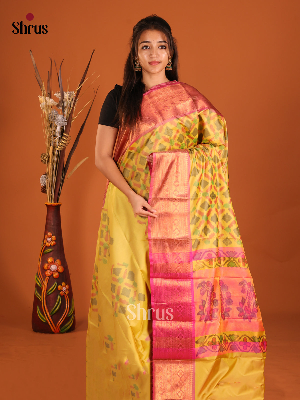 Yellow & Pink - Semi Pochampally Saree - Shop on Shrus.com