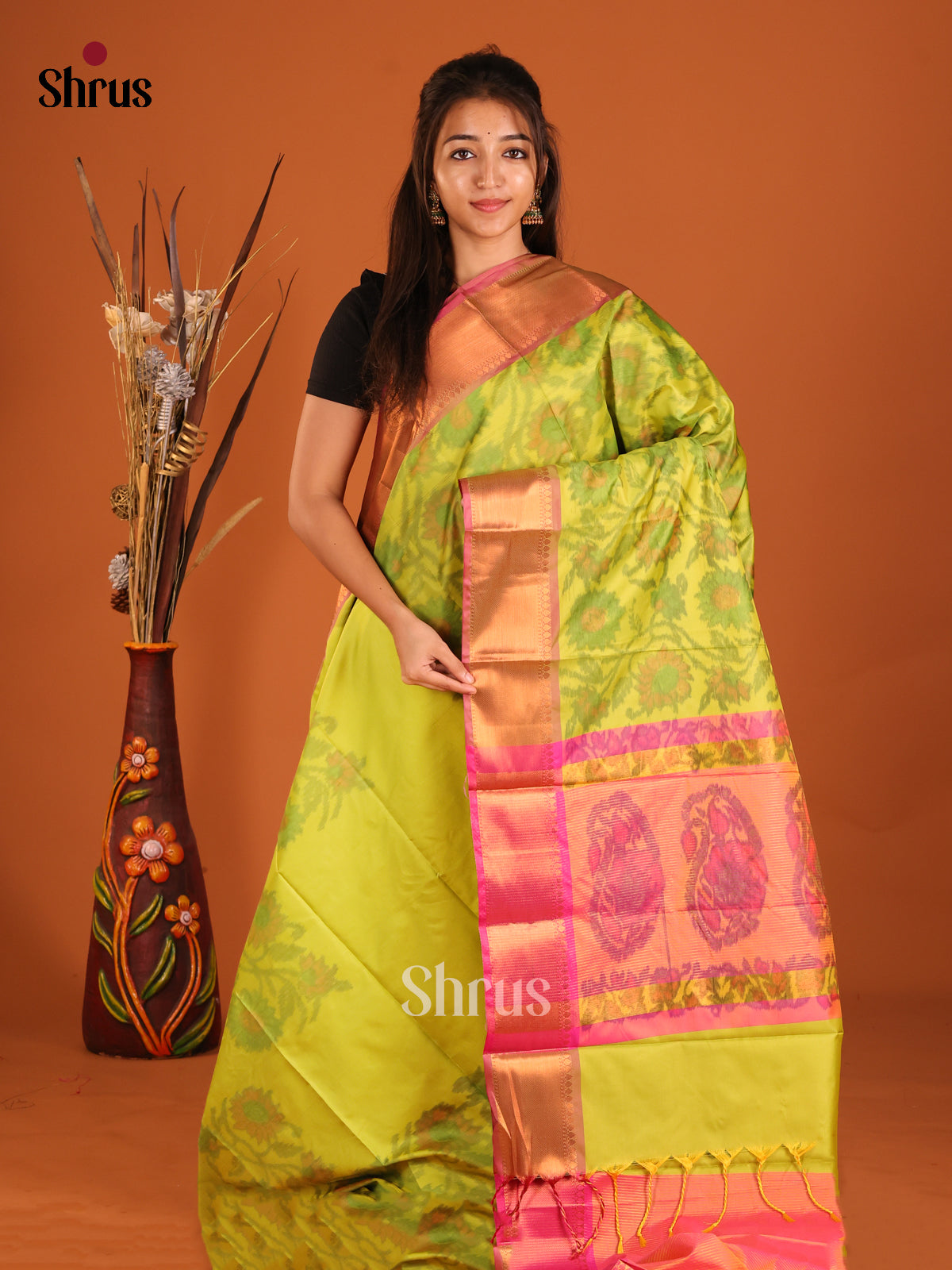 Light Green & Pink - Semi Pochampally Saree - Shop on Shrus.com