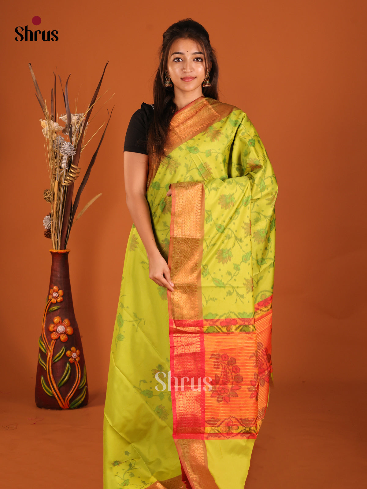 Light Green & Orange - Semi Pochampally Saree - Shop on Shrus.com