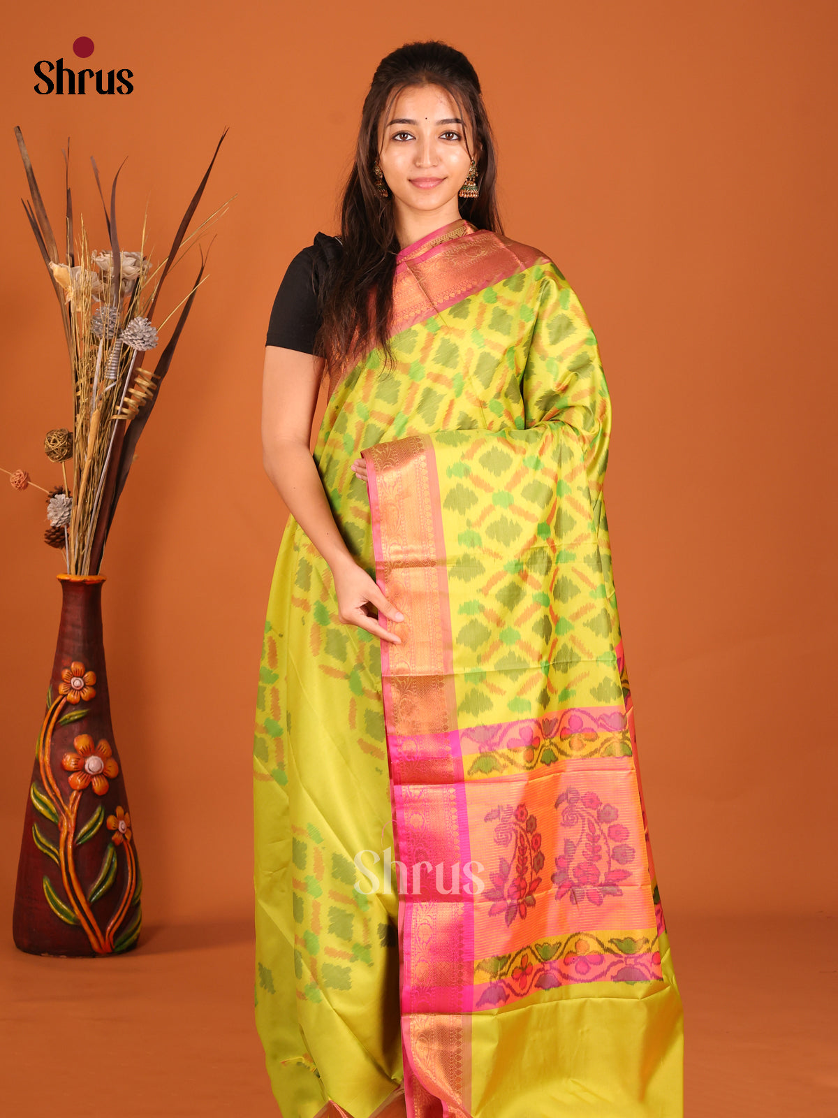 Light Green & Pink - Semi Pochampally Saree - Shop on Shrus.com