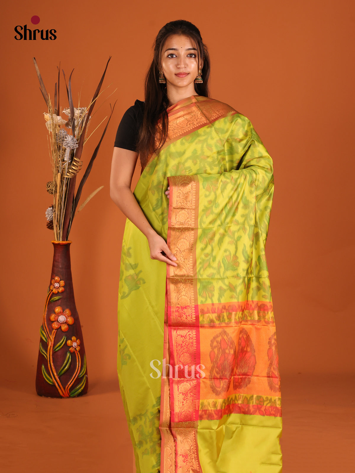 Light Green & Orange - Semi Pochampally Saree - Shop on Shrus.com