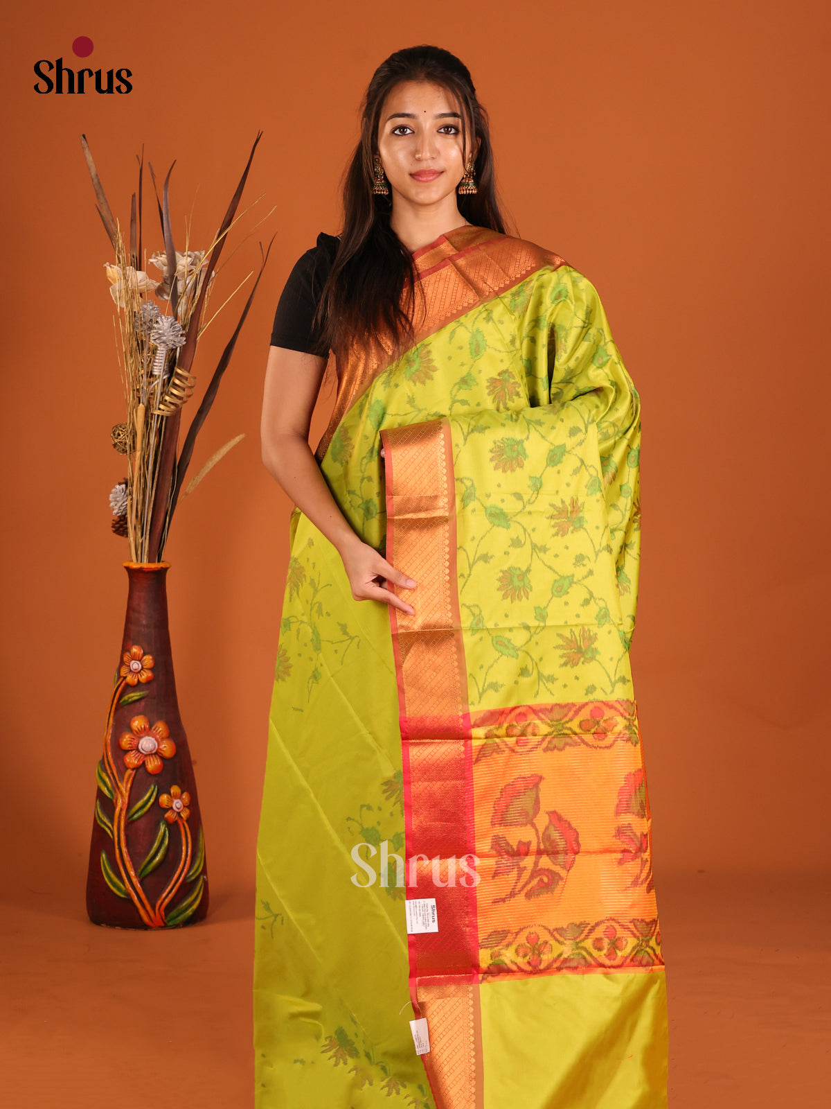 Light Green & Red - Semi Pochampally Saree - Shop on Shrus.com