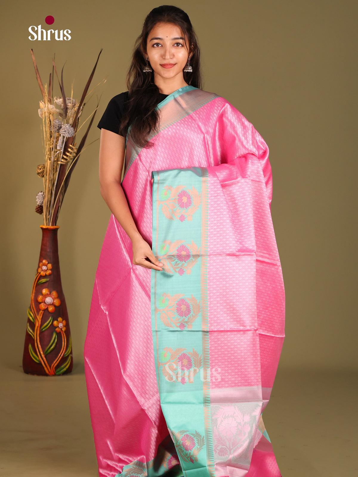 Pink & Teal - Tanchoi Semi Silk Saree - Shop on Shrus.com