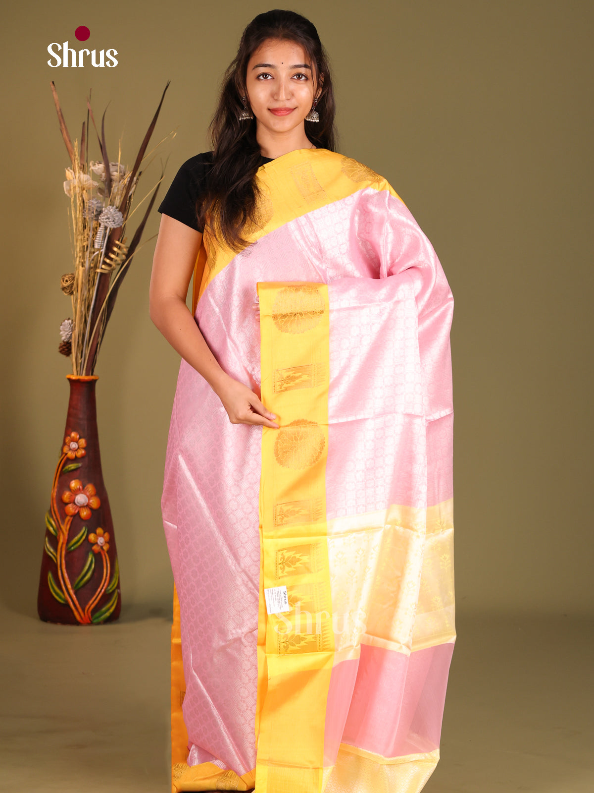 Pink & Yellow- Tanchoi Semi Silk Saree - Shop on Shrus.com