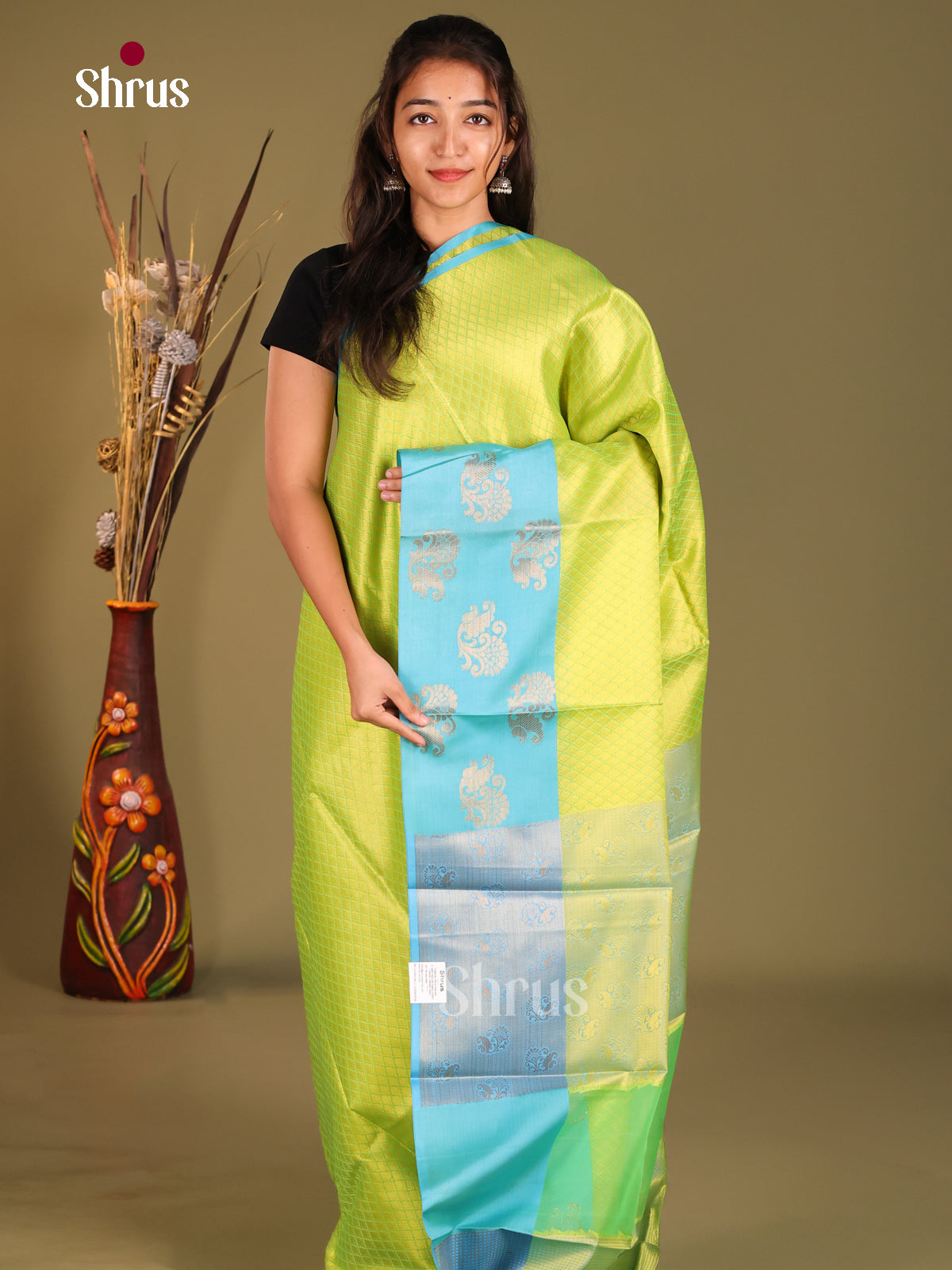 Lime Green & Blue - Tanchoi Semi Silk Saree - Shop on Shrus.com