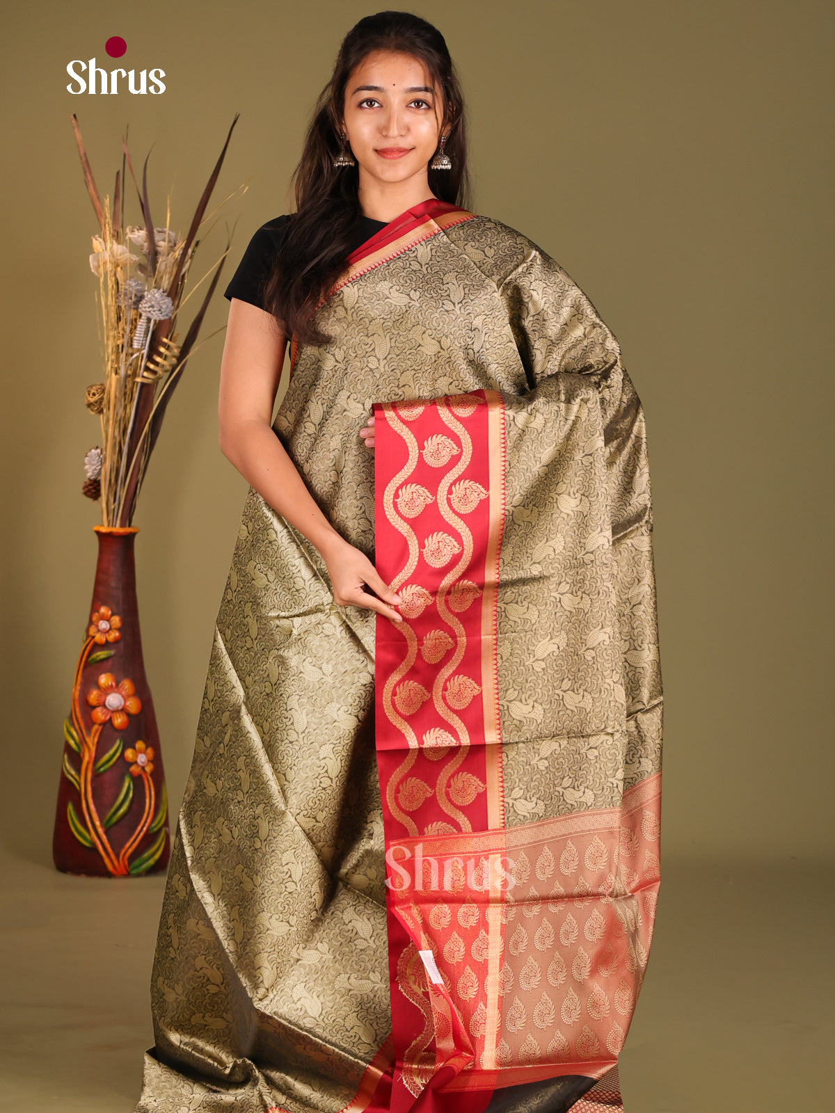 Black & Red- Tanchoi Semi Silk Saree