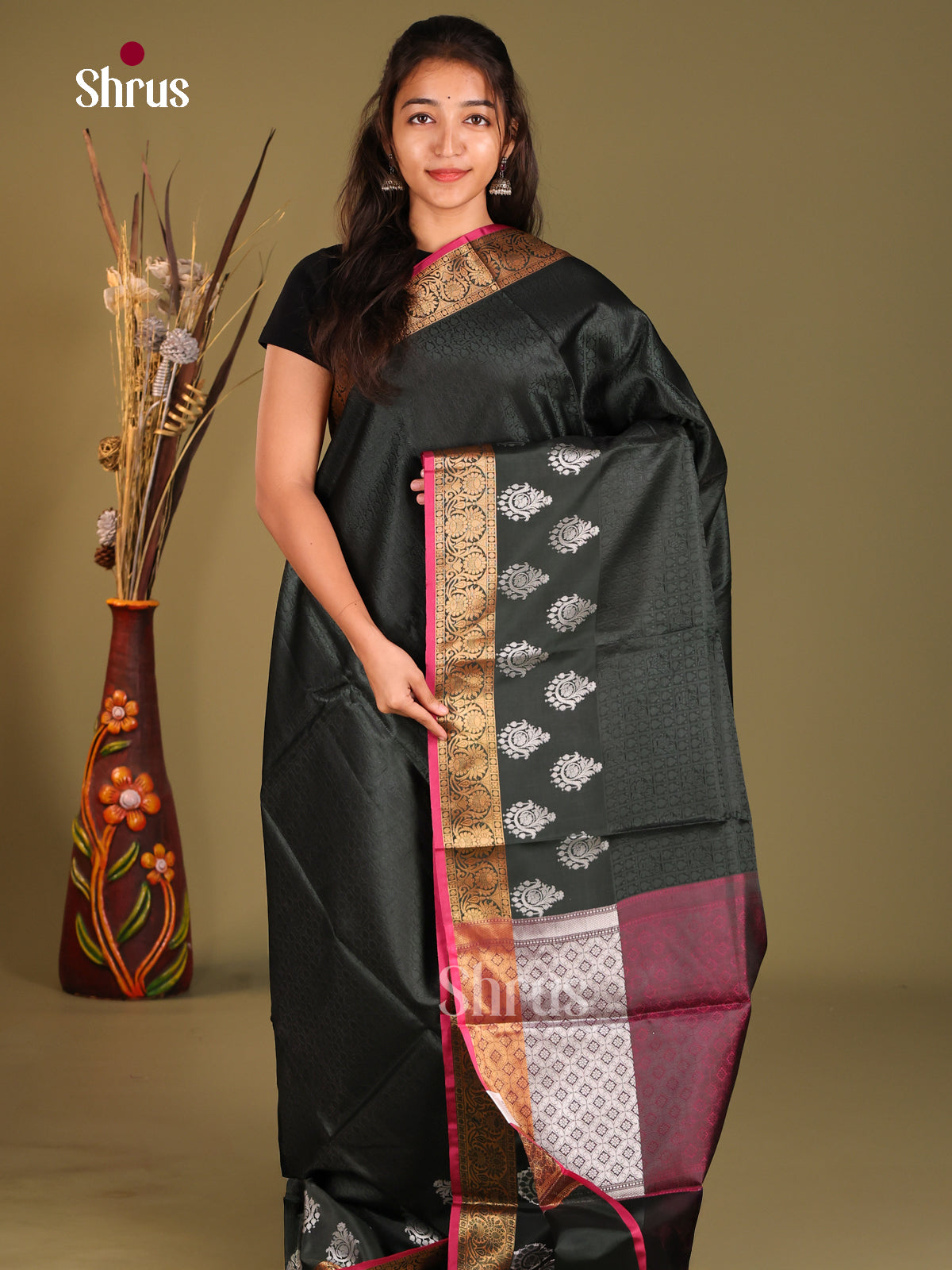 Black & Maroon - Tanchoi Semi Silk Saree