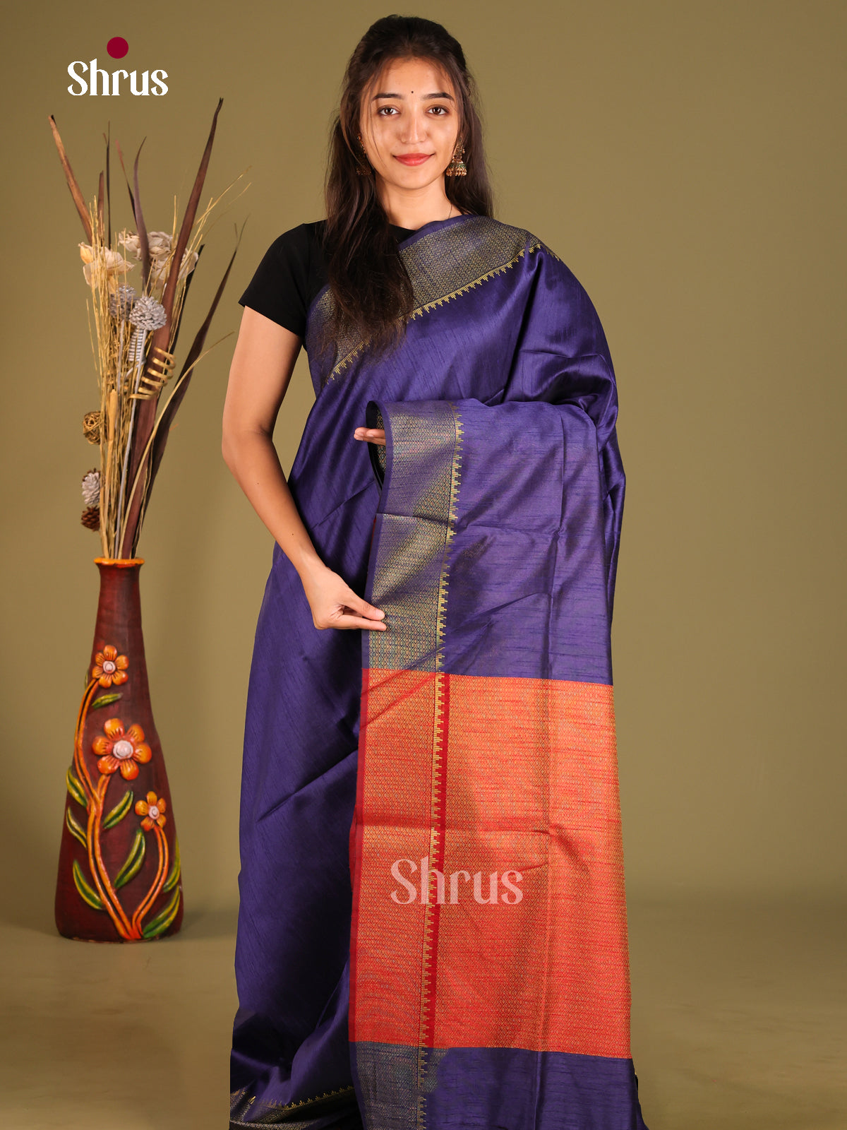 Blue & Red- Semi Rawsilk Saree