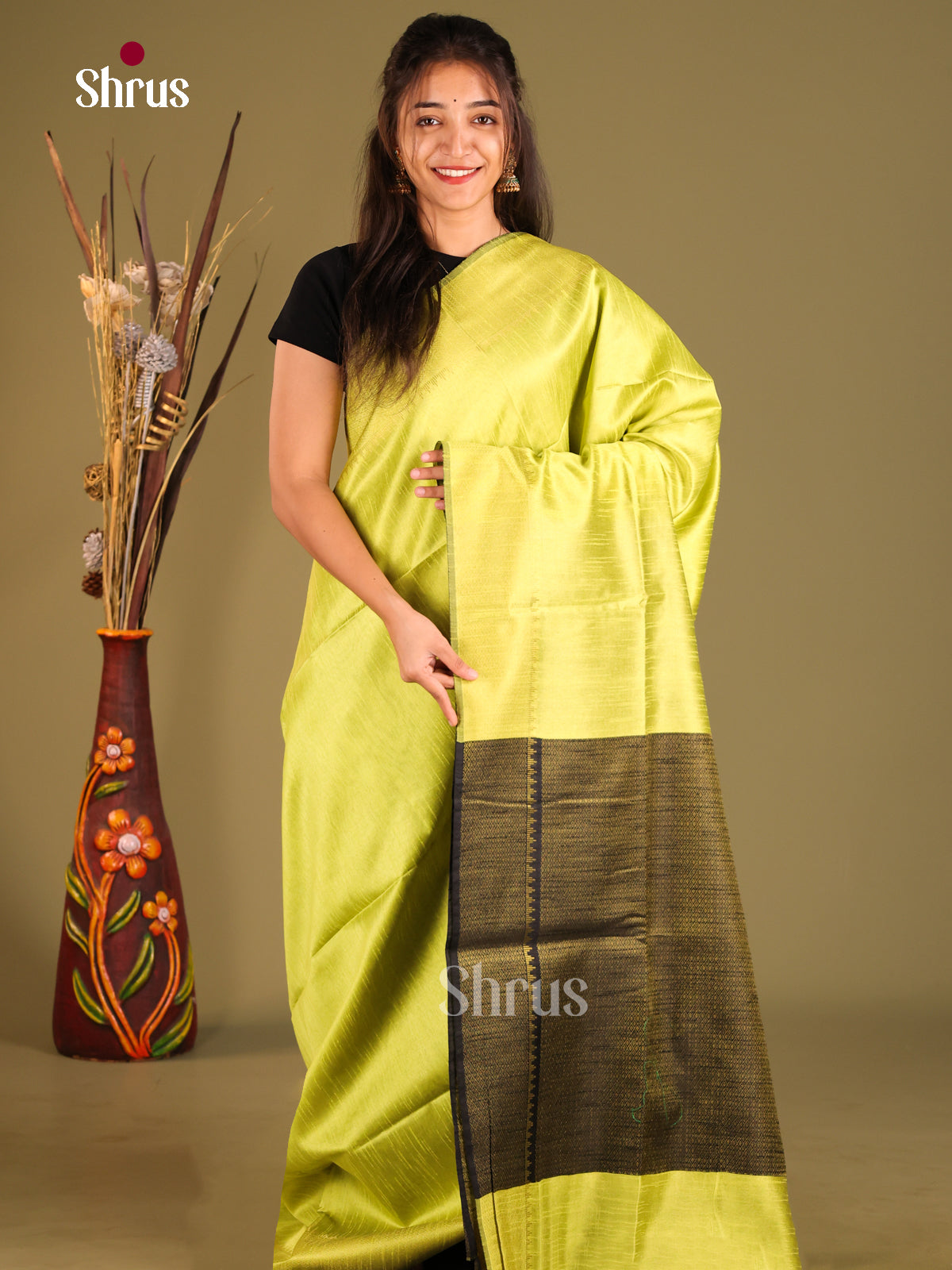 Light green & Black - Semi Rawsilk Saree - Shop on Shrus.com