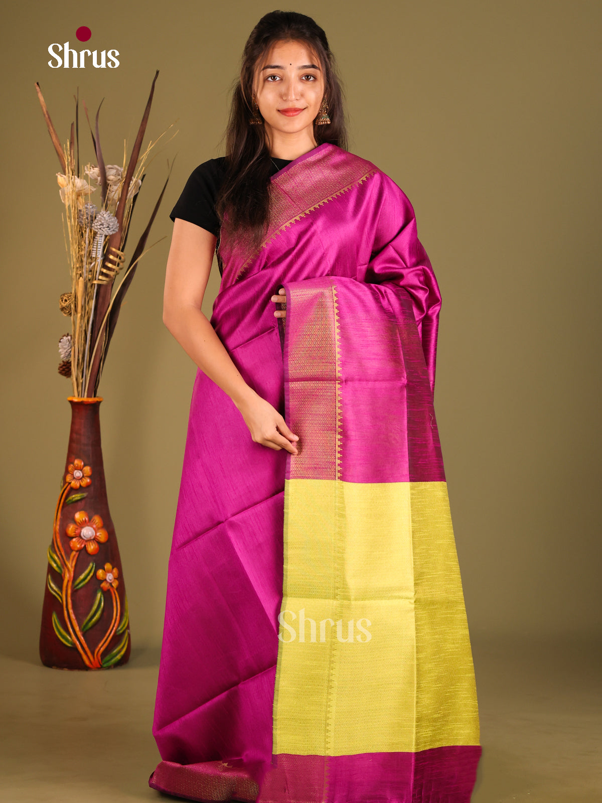 Purple & Yellow - Semi Rawsilk Saree - Shop on Shrus.com