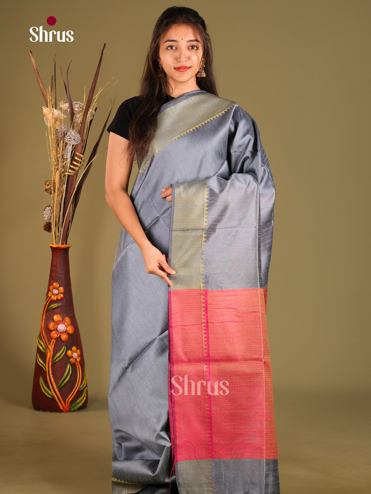 Grey & Pink - Semi Rawsilk Saree - Shop on Shrus.com