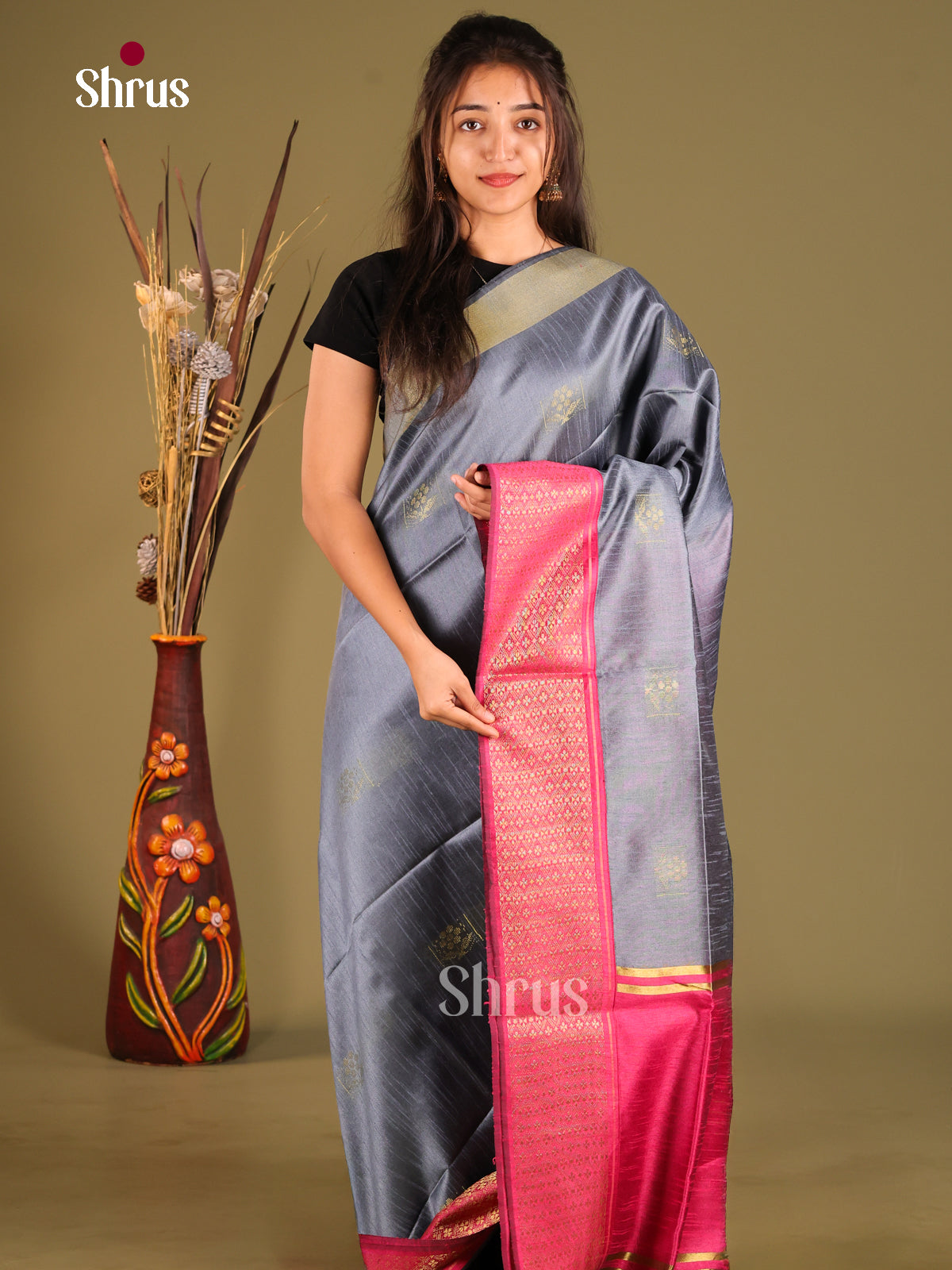 Grey & Pink - Semi Rawsilk Saree - Shop on Shrus.com