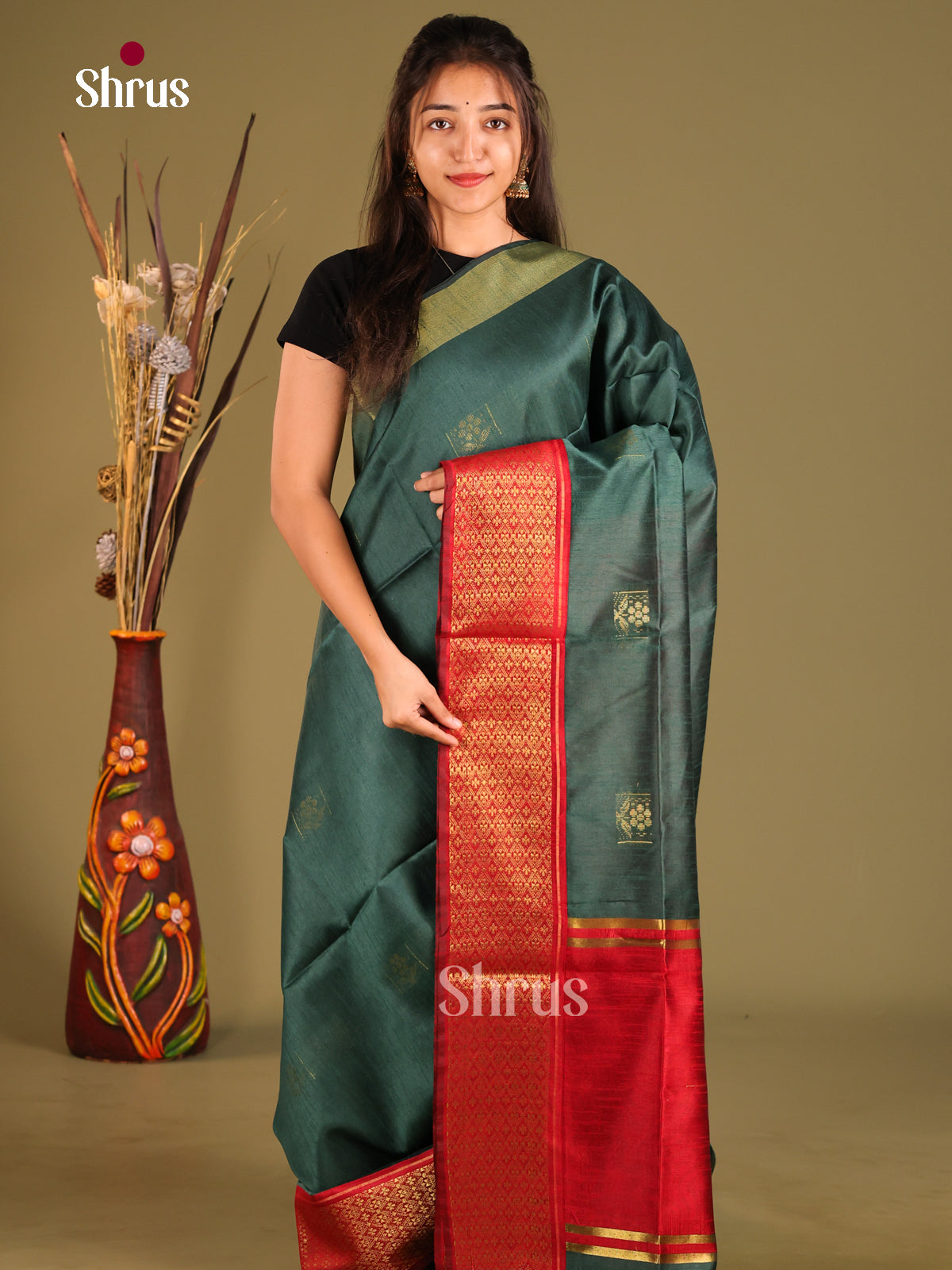 Green & Red- Semi Rawsilk Saree - Shop on Shrus.com