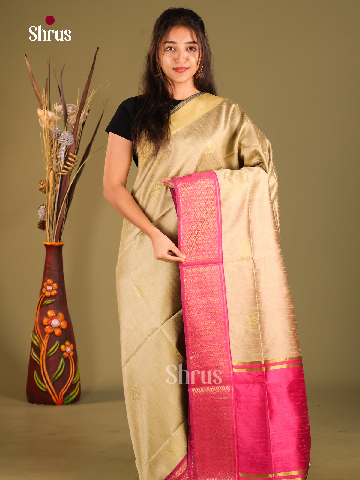 Beige & maroon- Semi Rawsilk Saree - Shop on Shrus.com