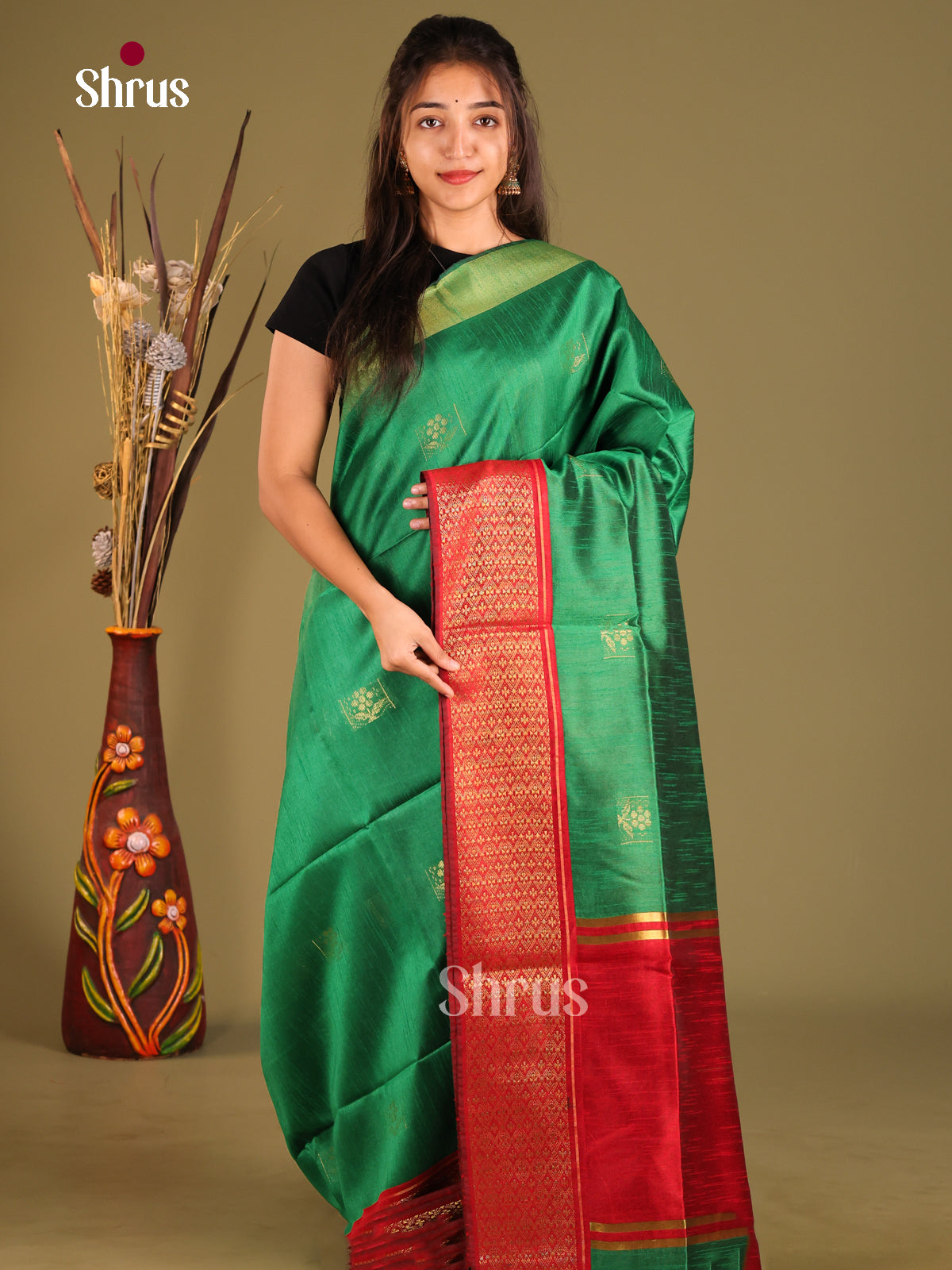Green & Red - Semi Rawsilk Saree - Shop on Shrus.com