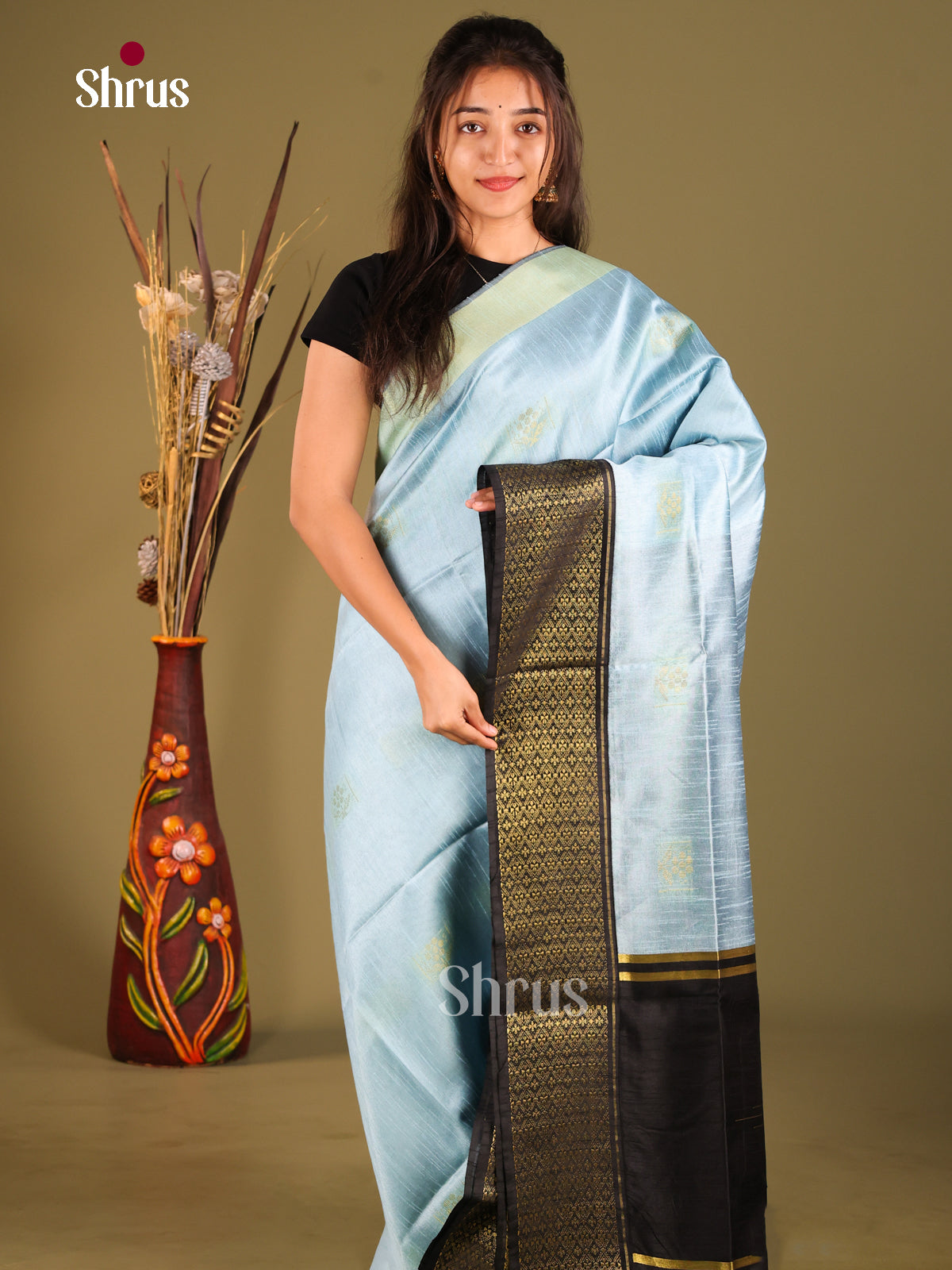 Light blue & Black - Semi Rawsilk Saree - Shop on Shrus.com