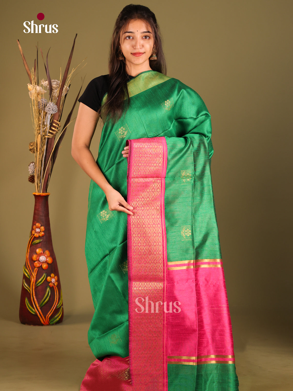 Green & Pink- Semi Rawsilk Saree - Shop on Shrus.com