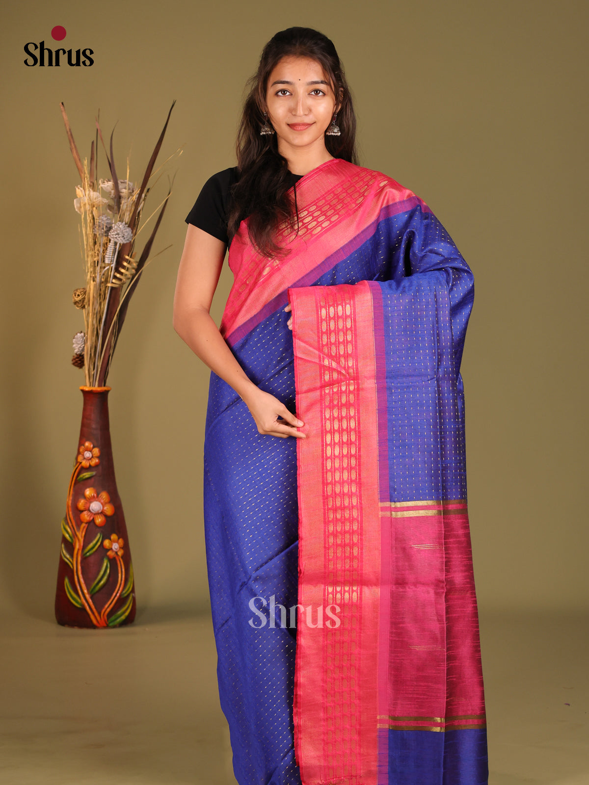 Blue & Pink - Semi Rawsilk Saree