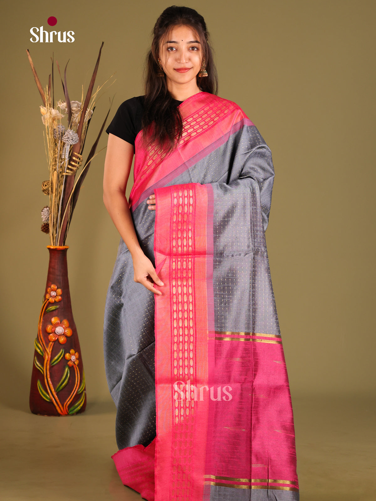 Grey & Pink - Semi Rawsilk Saree - Shop on Shrus.com