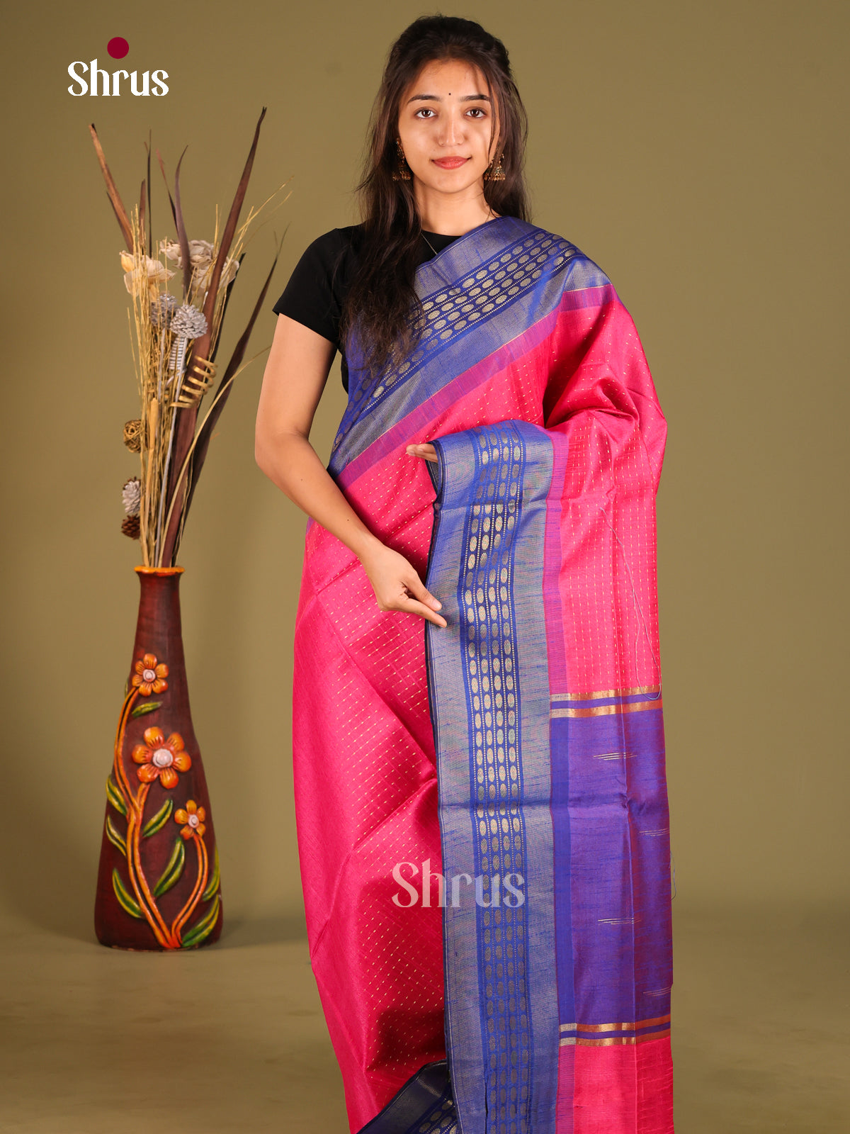 Pink & blue - Semi Rawsilk Saree - Shop on Shrus.com