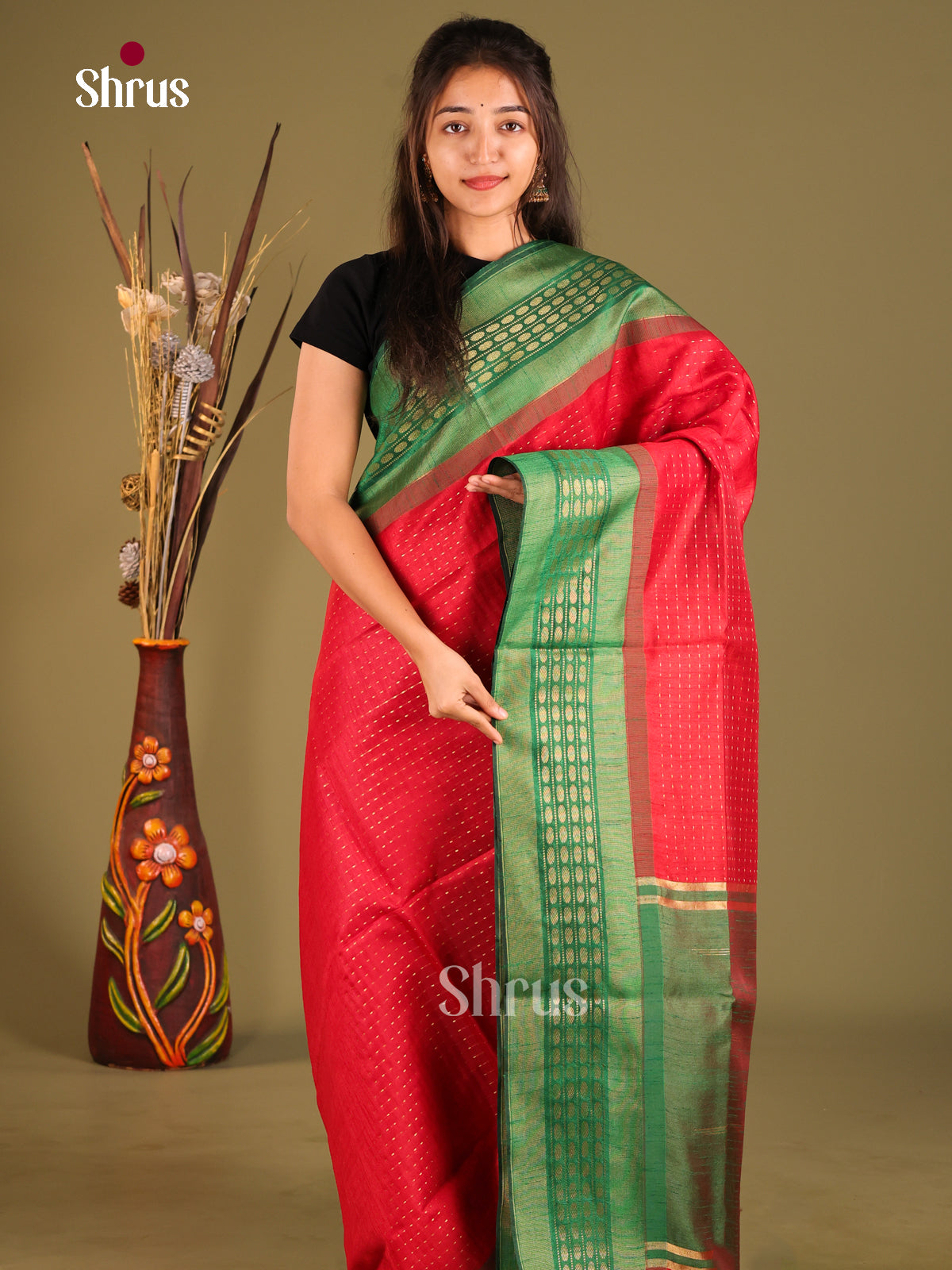 Red & Green - Semi Rawsilk Saree - Shop on Shrus.com
