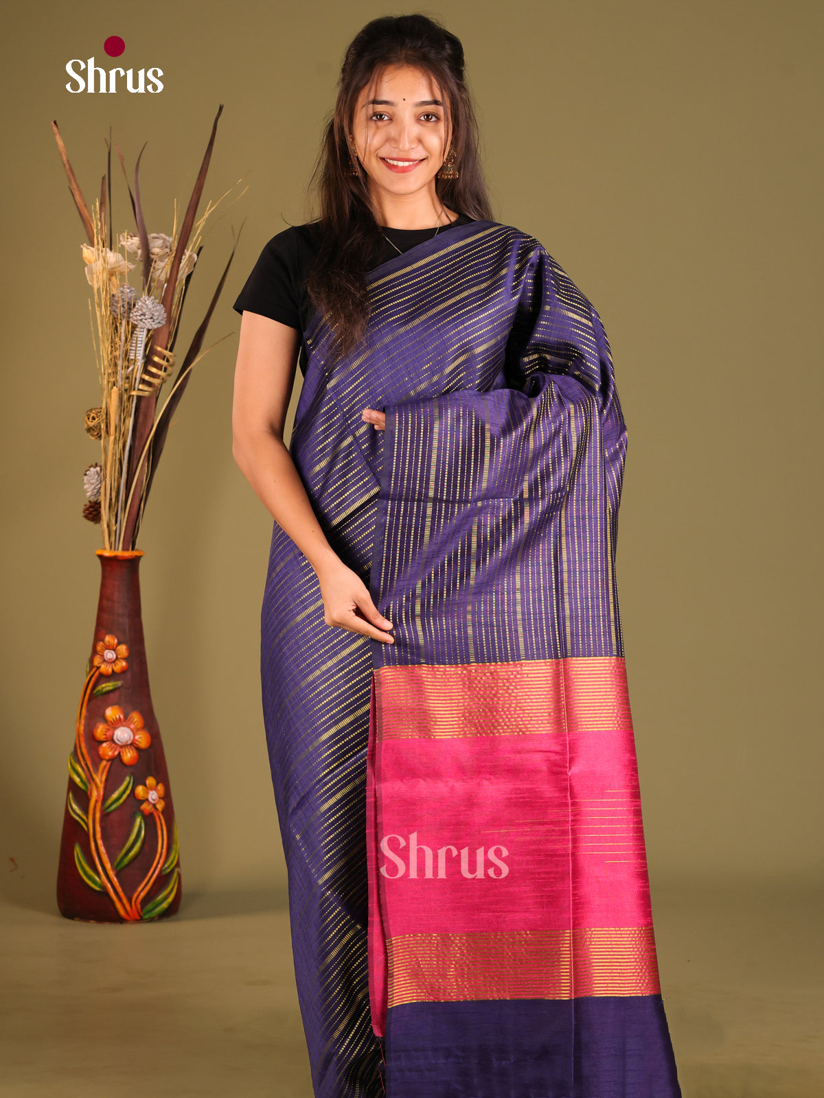 Blue & Pink - Semi Rawsilk Saree