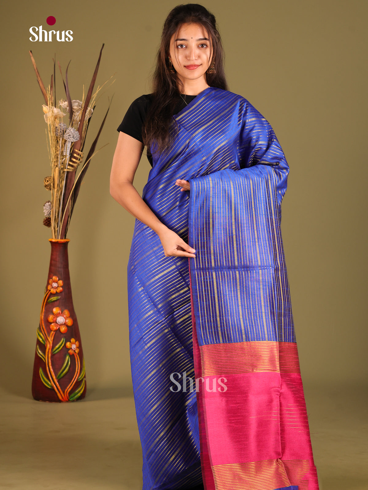 Blue & Pink - Semi Raw silk Saree