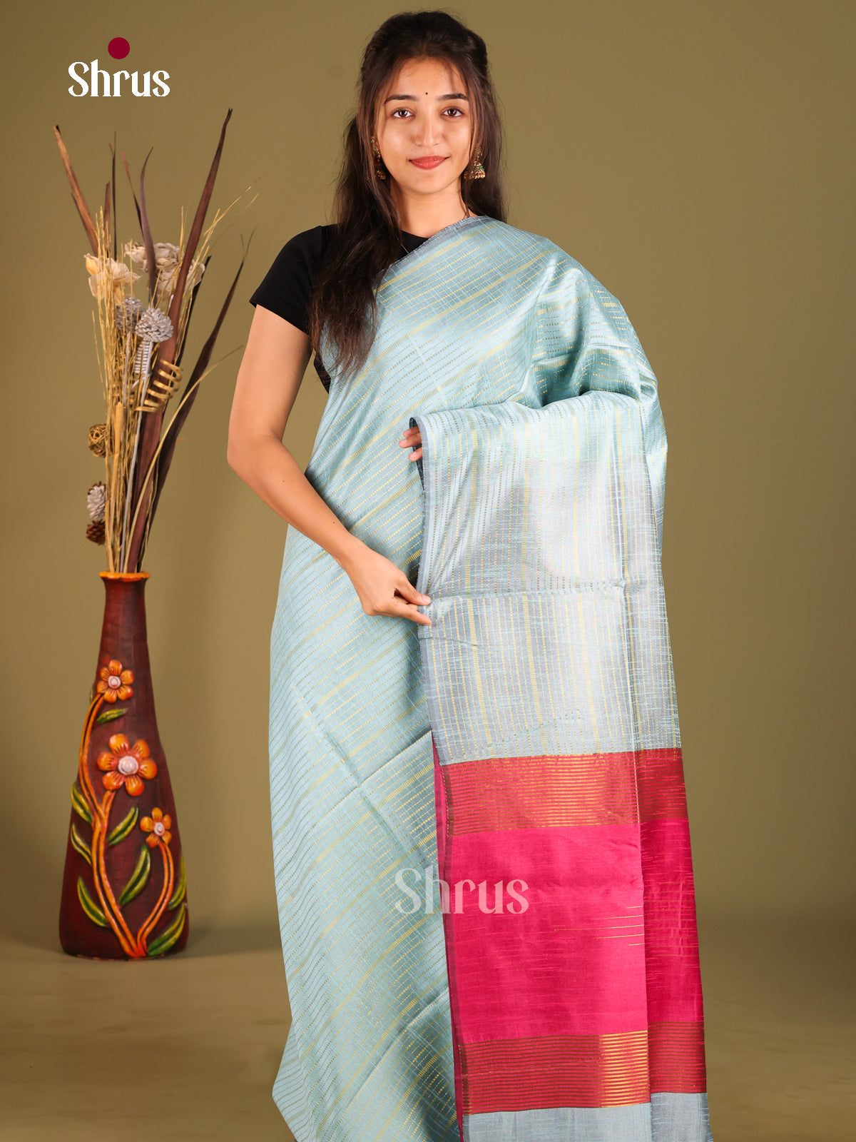 Light Blue & Pink- Semi Rawsilk Saree - Shop on Shrus.com