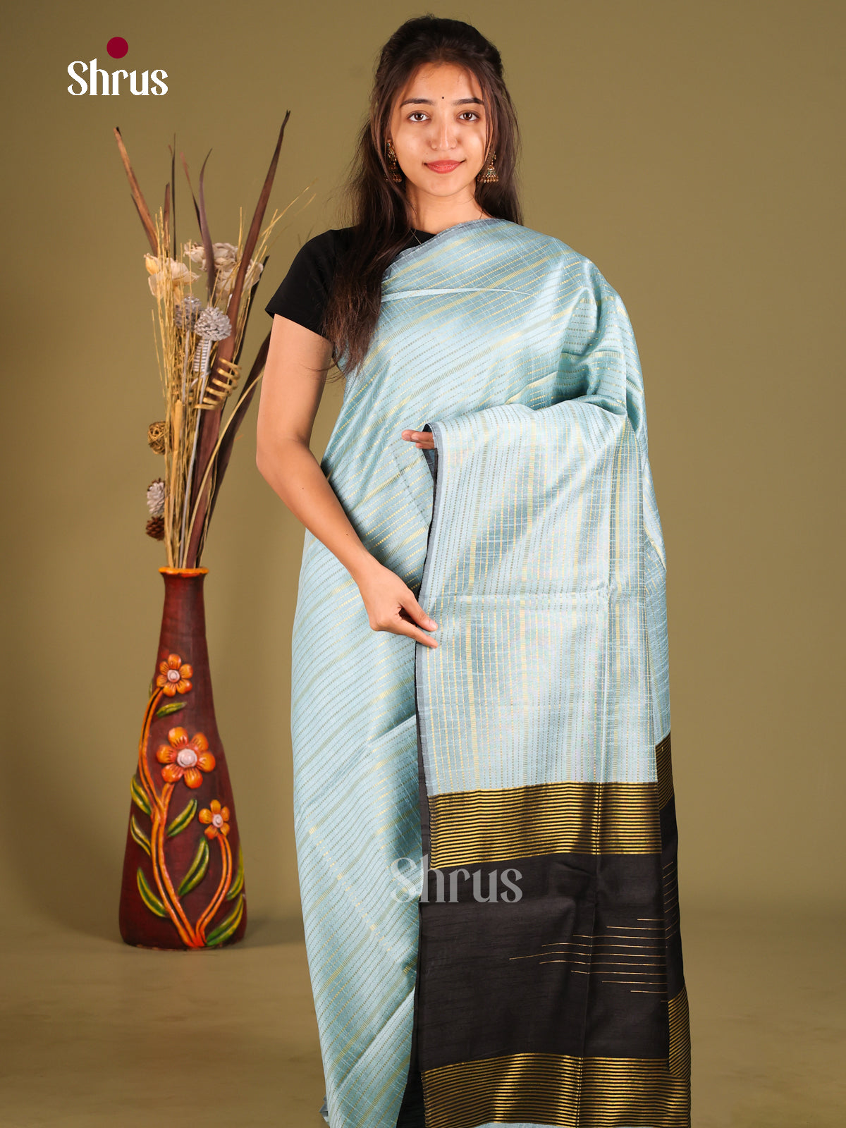 Light Blue & Black - Semi Rawsilk Saree - Shop on Shrus.com
