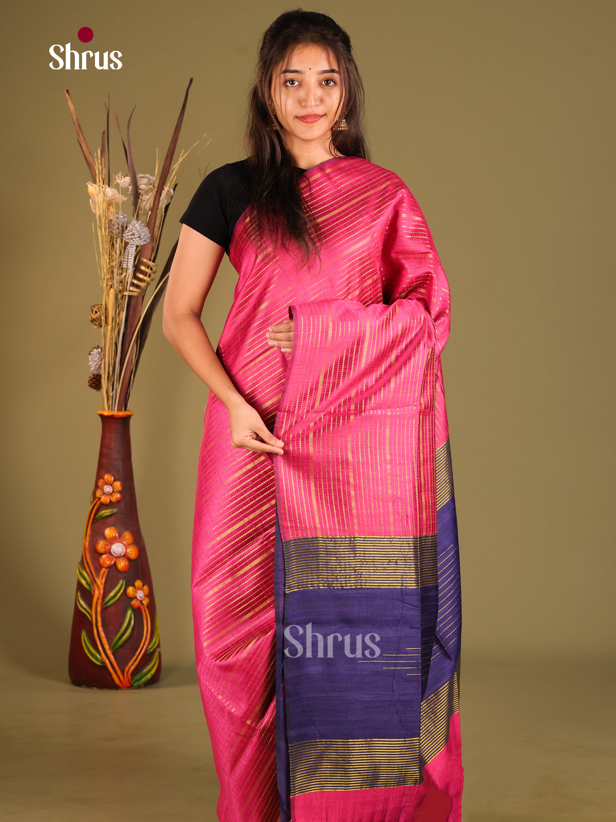 Pink & Blue- Semi Rawsilk Saree - Shop on Shrus.com