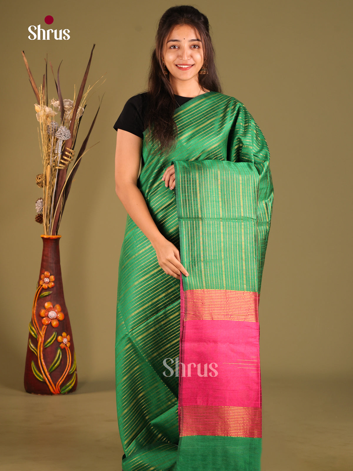 Green & Pink - Semi Rawsilk Saree - Shop on Shrus.com