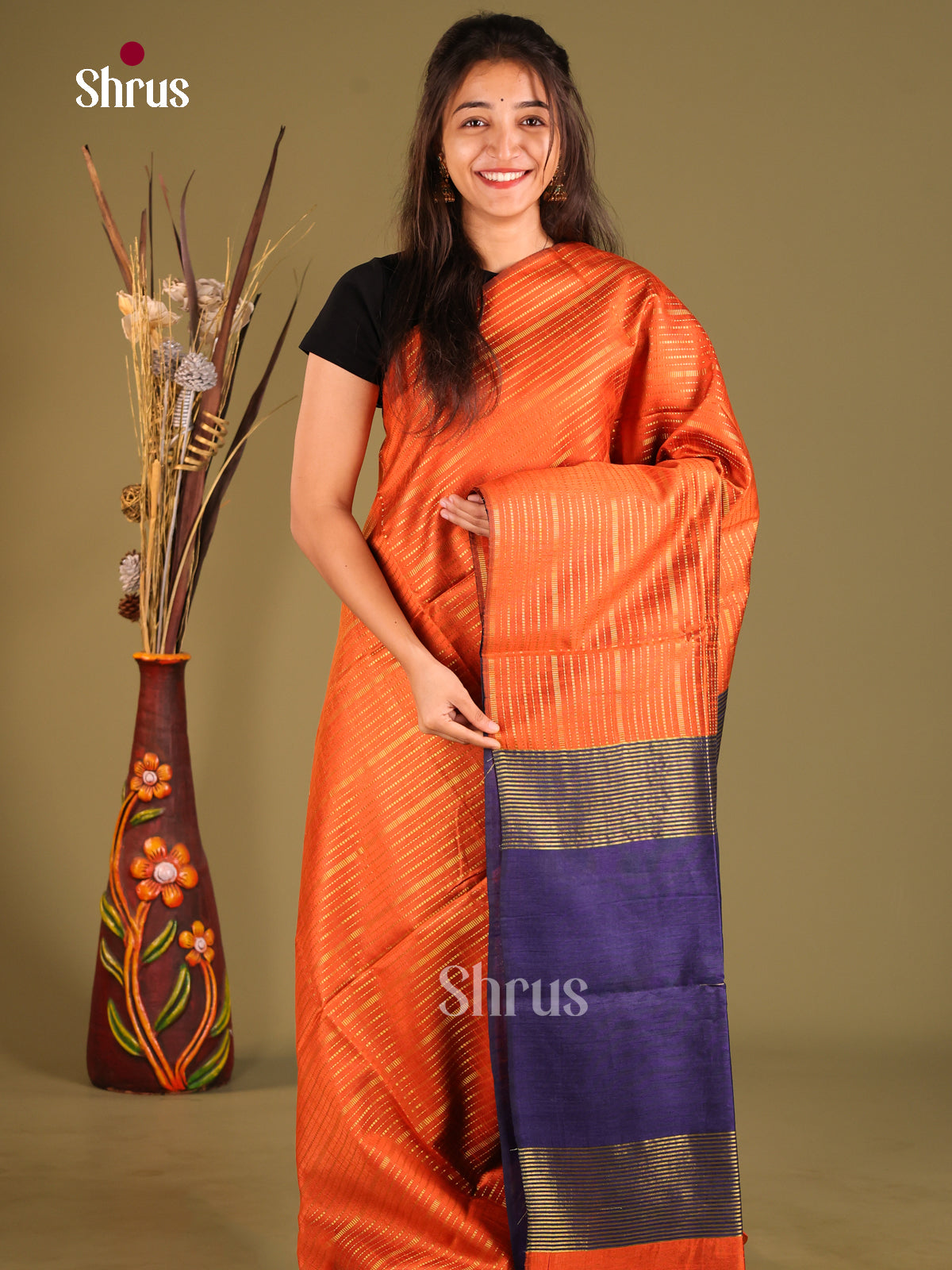 Orange & Blue - Semi Rawsilk Saree - Shop on Shrus.com
